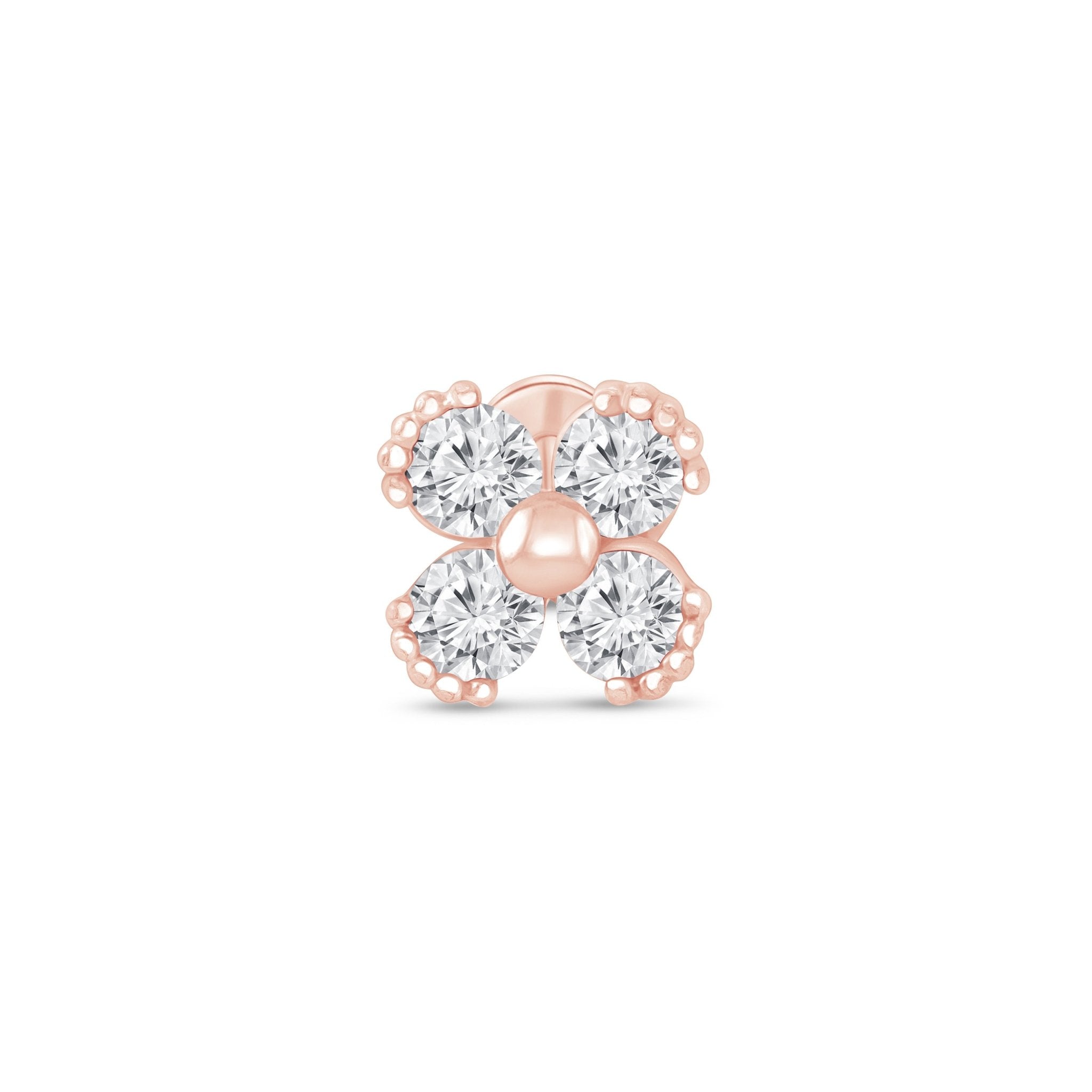 14K Rose Gold Beaded Diamond Four Petal Flower Flat Back Stud Earrings - Perfect for Weddings, Parties & Everyday Elegance