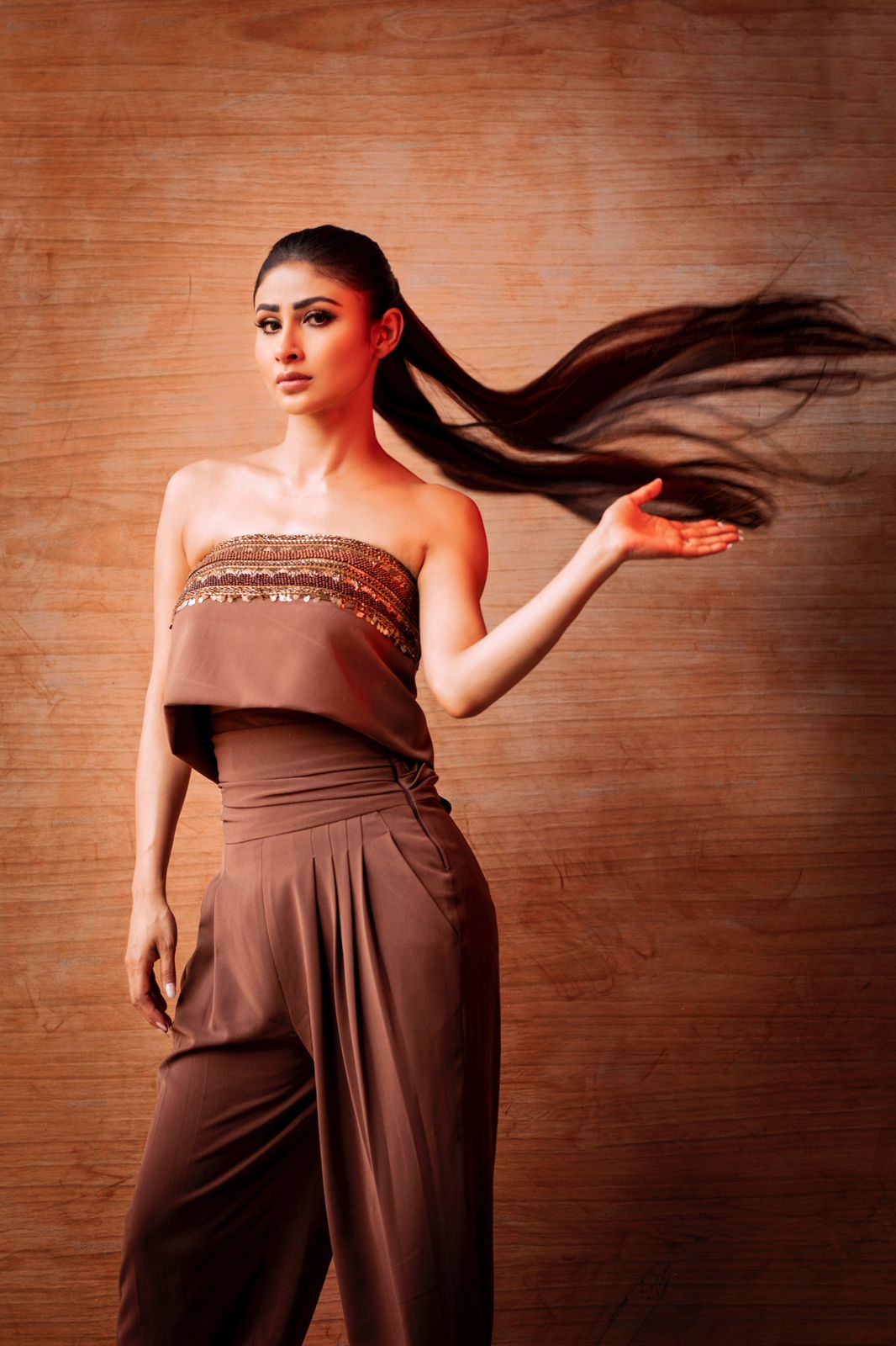 Dark Tan High Waist Pants with Tube Top and Aged Gold Embroidery - Elegant Women's Fashion Outfit for Party, Evening Wear and Special Occasions