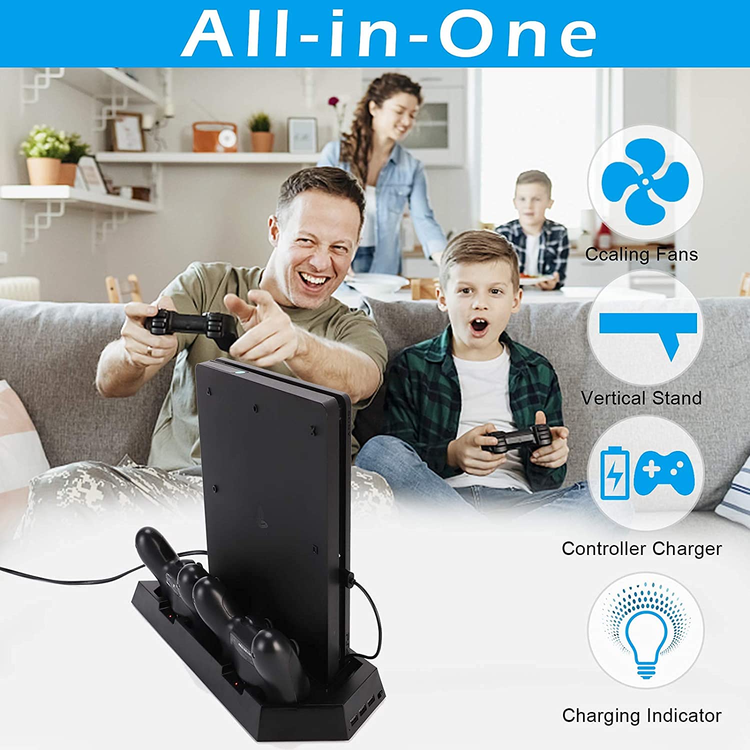 PS4 Vertical Charging Stand with Cooling Fan - 3-in-1 Dock for Playstation 4/PS4 Slim/PS4 Pro | Dual Controller Charger with LED Indicators | Perfect for Gaming Setup & Console Protection