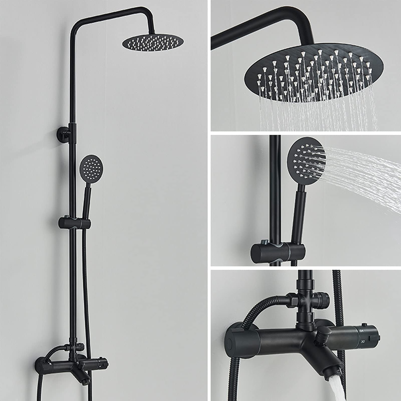 Matte Black Thermostatic Shower Faucet Set with Rainfall Shower Head & Handheld Sprayer - Stainless Steel Tub Mixer Tap System for Bathroom & Spa Experience