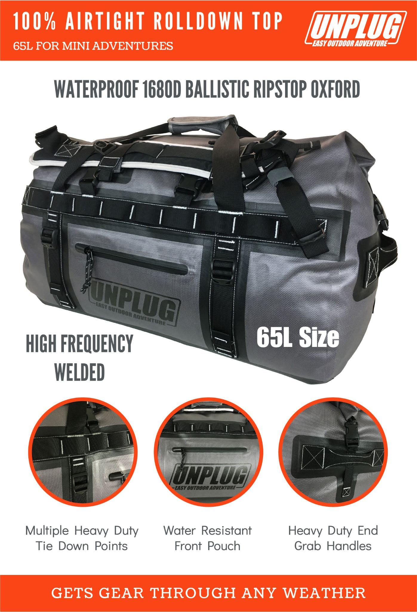 UNPLUG Ultimate Adventure Bag - 1680D Heavy Duty Waterproof Travel Duffel for Camping, Hiking, Motorcycle & Boating | Tactical Duffle Backpack for Outdoor Sports, Travel & Emergency Preparedness