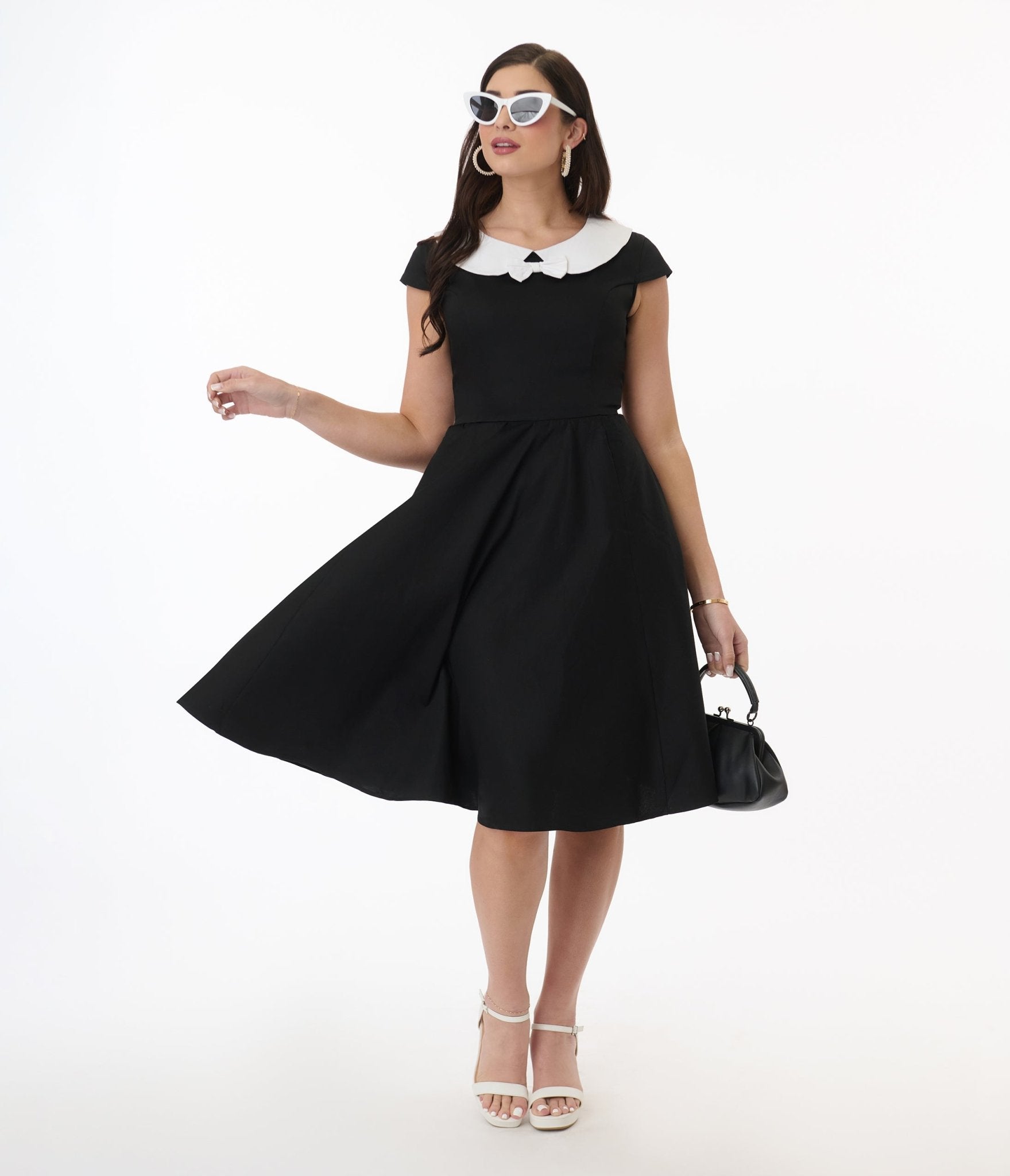 Elegant Black & White Bow Swing Dress for Women - Floral Orchid Print A-Line Dress for Party, Wedding & Special Occasions