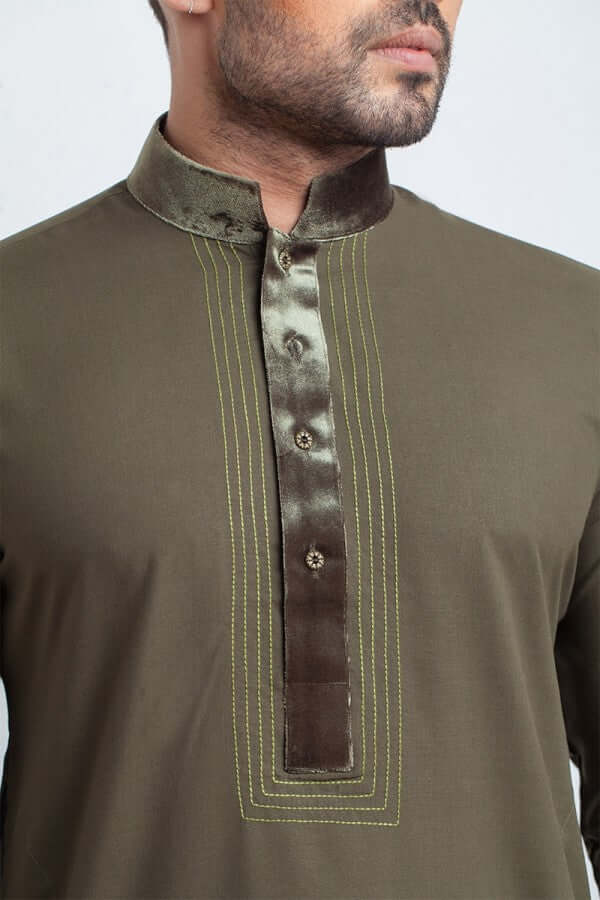 Khaki Green Soft Cotton Shalwar Kameez for Women - Traditional Pakistani Velvet Embroidered Outfit - Perfect for Eid, Weddings & Special Occasions
