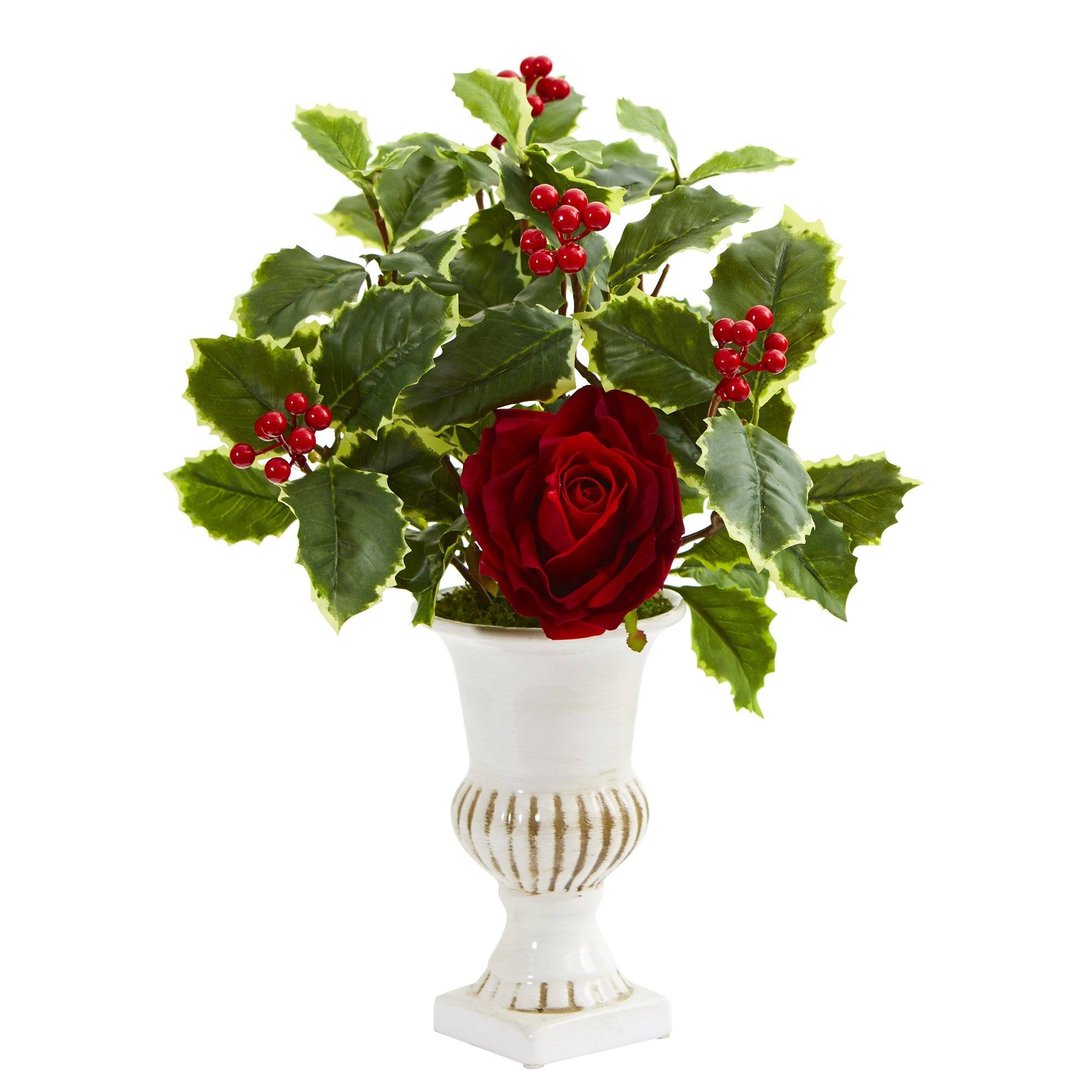 15-Inch Rose and Holly Leaf Artificial Flower Arrangement in White Urn - Set of 2 - Perfect for Home Decor, Wedding Centerpieces, and Holiday Table Settings