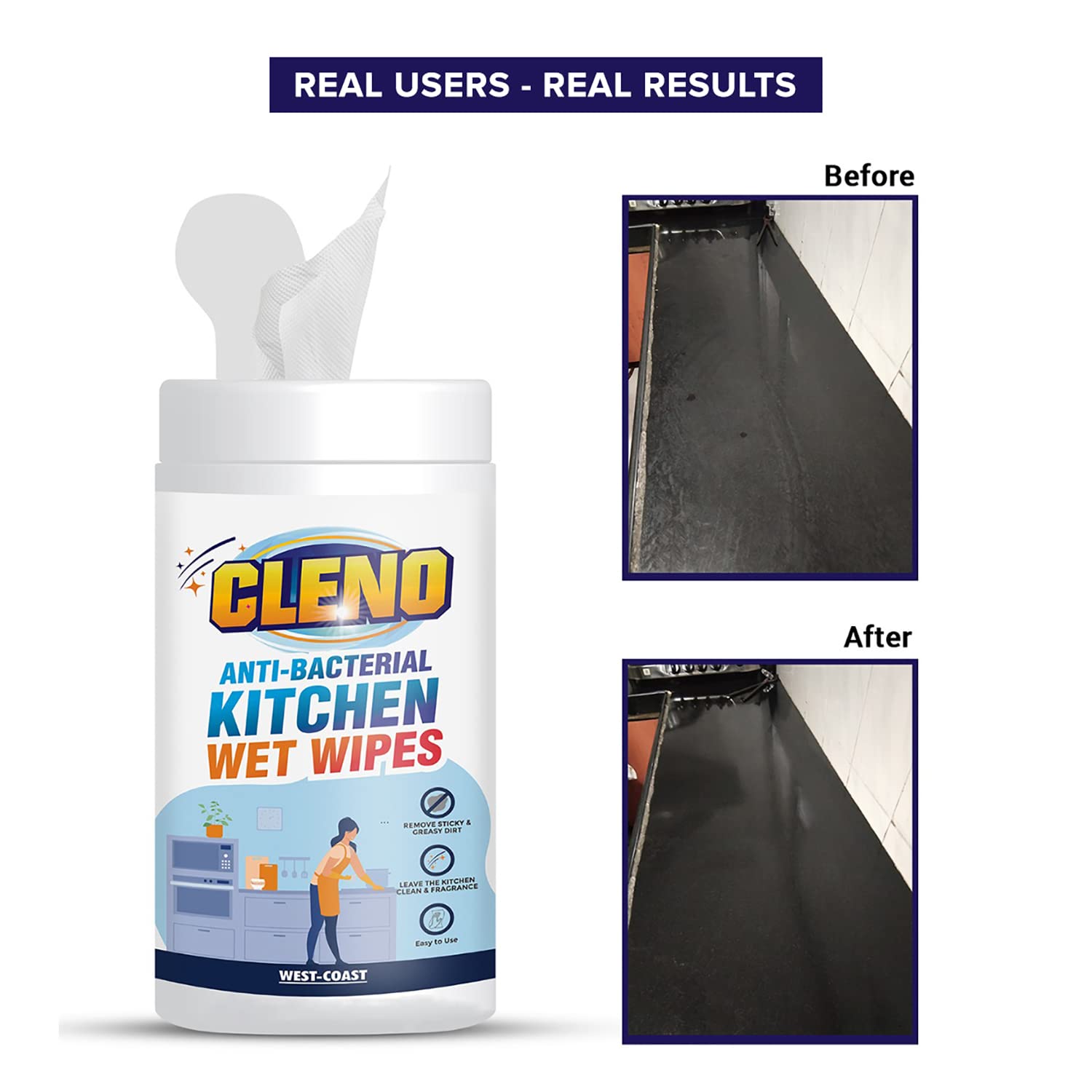 Cleno Antibacterial Food Surface Wet Wipes - 50 Count | Kills Germs & Bacteria | Safe for Fruits, Vegetables, Milk Packs & Dishes | Removes Chemicals & Waxes | Perfect for Kitchen, Picnics & Travel