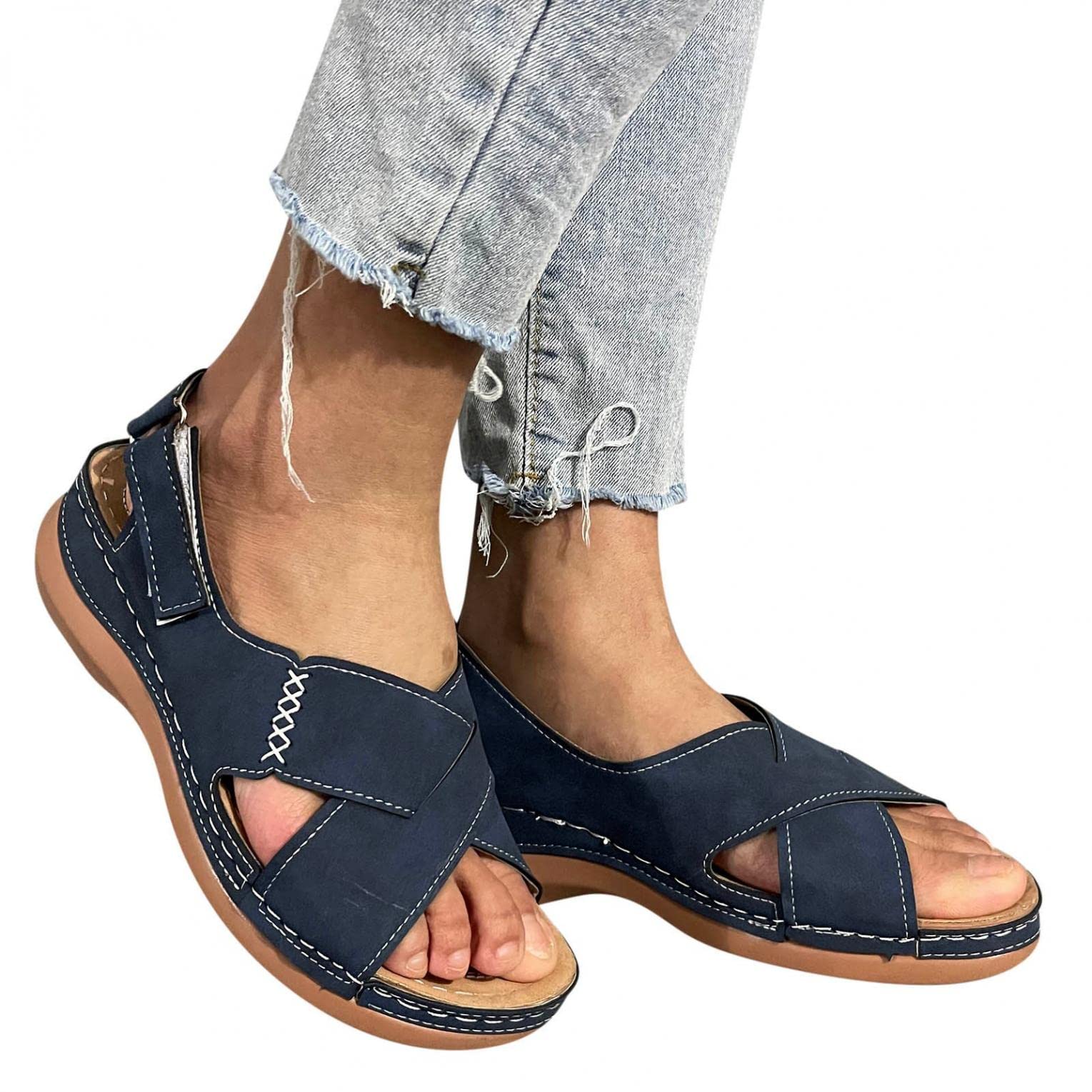 Hbeylia Women's Comfortable Leather Wedge Sandals - Cross Wide Round Toe Summer Beach Shoes with Buckle Strap | Fashion Bohemian Platform Slingback Dress Sandals for Casual Wear, Outdoor, Beach Vacation & Party Occasions