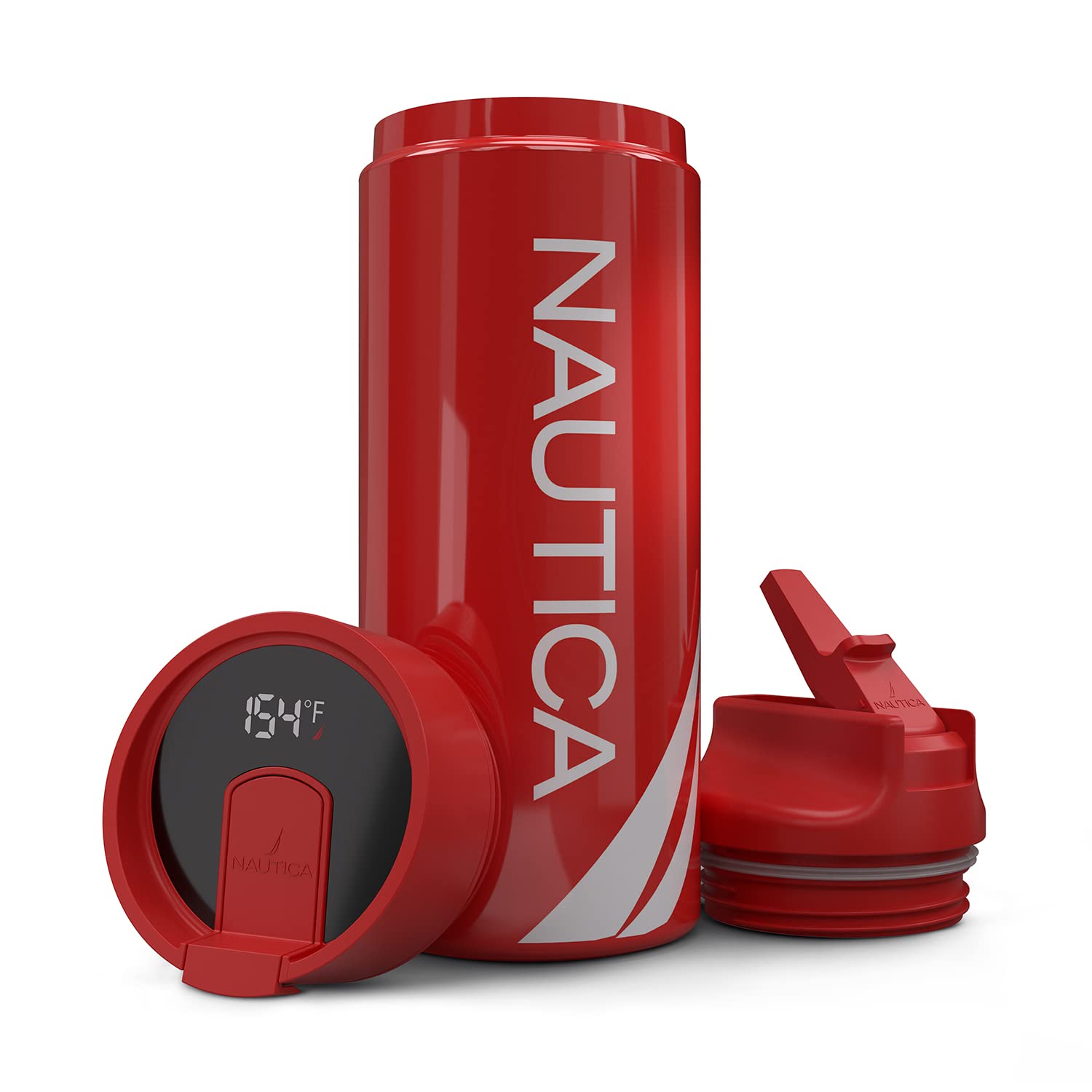 Nautica Smart Coffee Tumbler & Water Bottle - 22oz Stainless Steel Vacuum Insulated Thermos with Straw, LED Display & Leakproof Lid - Keeps Drinks Hot/Cold for 24 Hours - Perfect for Gym, Hiking, Office & Travel (J Class Red)