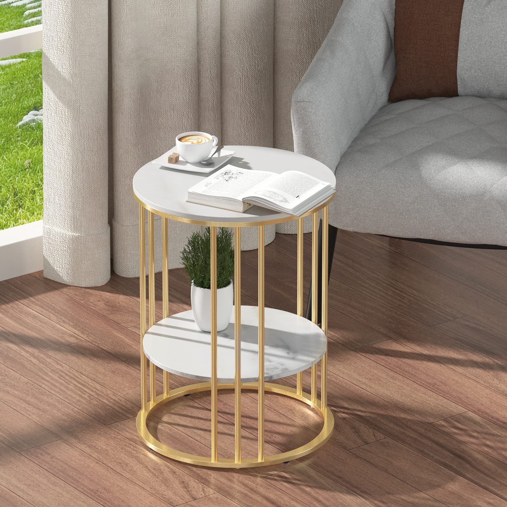 Wisfor Sintered Stone End Table - 2 Tier Round White Side Table with Golden Frame - Modern Small Coffee Table & Nightstand for Living Room, Bedroom - Perfect for Holding Drinks, Books & Decor