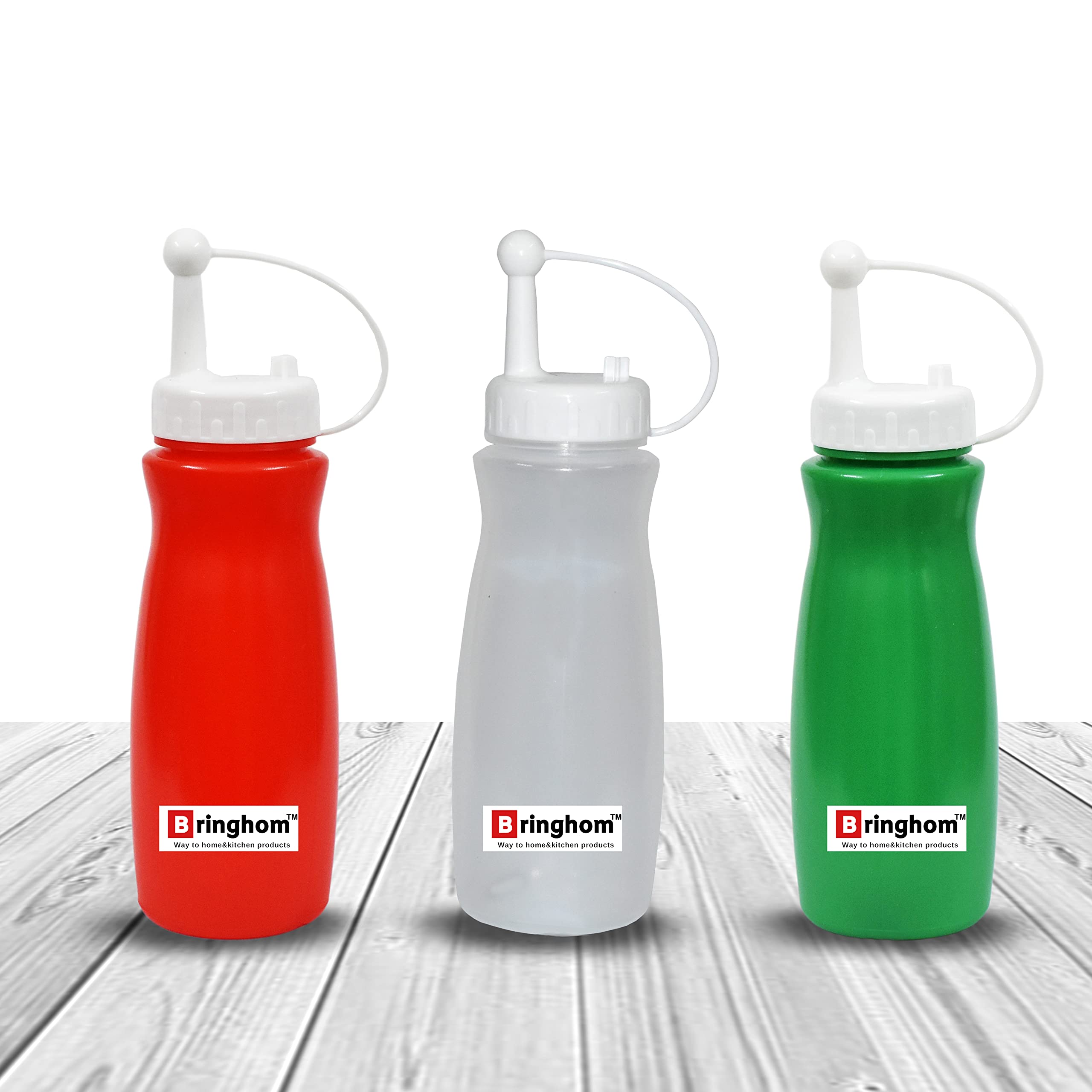 Bringhom 3-Pack Plastic Squeeze Bottles (570ml) - Condiment Dispenser for Ketchup, Mustard, Oil, Vinegar & Sauces - Leak-Proof Kitchen Bottles in Red, White & Green - Perfect for Restaurants, BBQs & Home Cooking