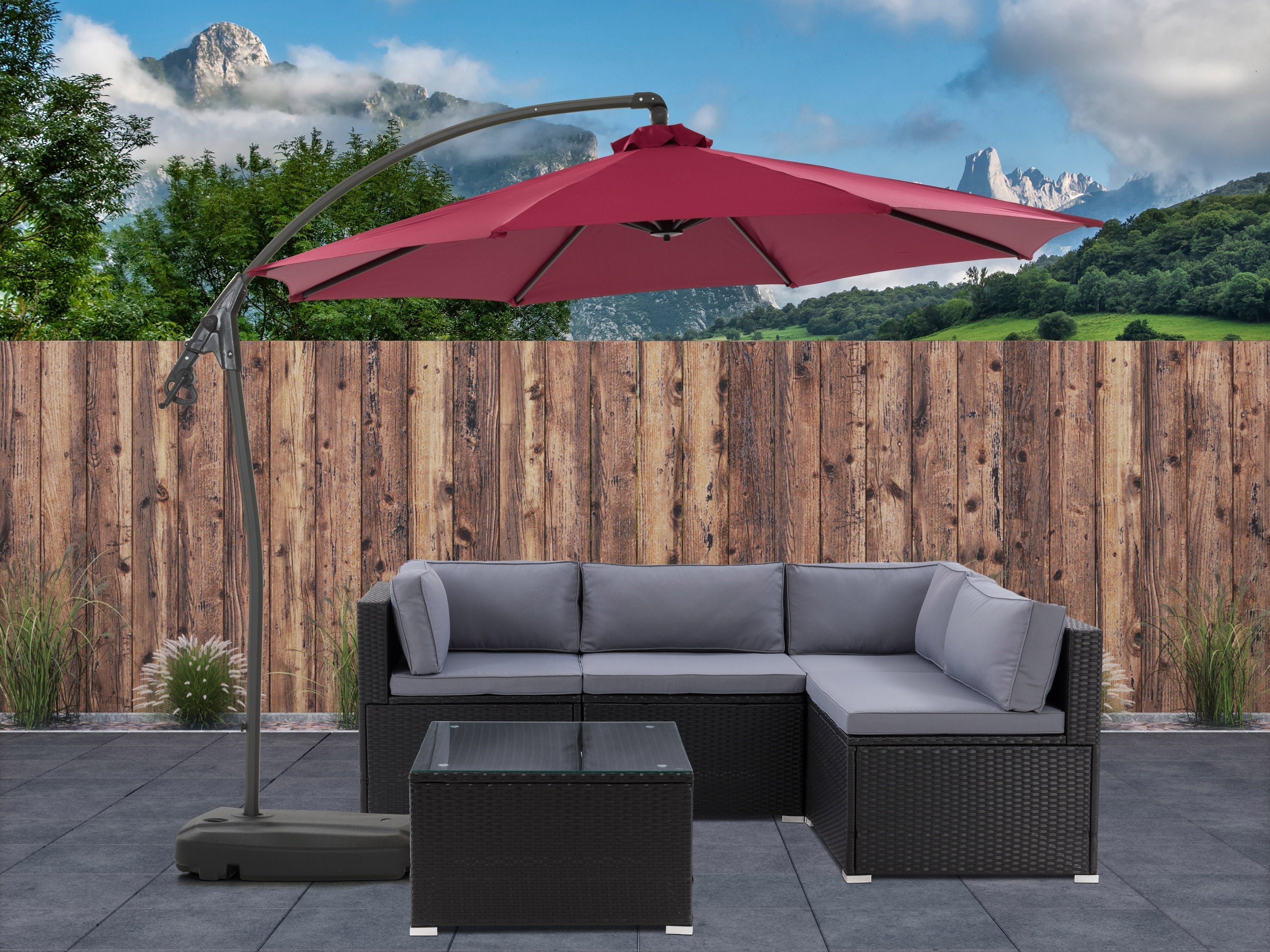 10ft Wine Red Cantilever Umbrella with Heavy Duty Base - Outdoor Patio Sun Shade for Garden, Poolside, and Backyard Relaxation