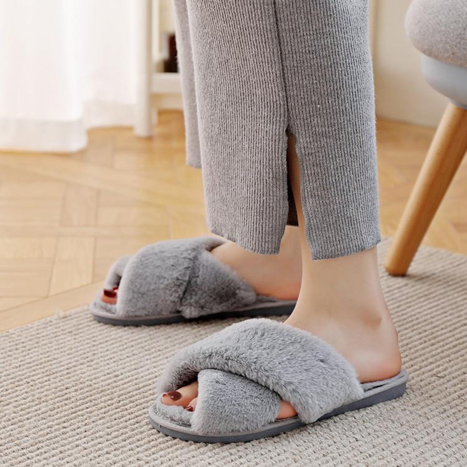 FLOOF Women's Cozy Cross Faux Fur Slippers - Soft Indoor House Shoes for Winter Comfort, Grey - Perfect for Lounging at Home, Relaxing & Keeping Feet Warm