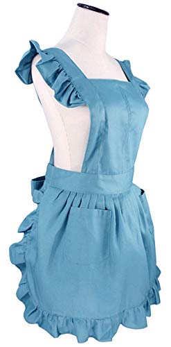 Vintage Adjustable Ruffle Apron for Cooking, Baking & Cleaning - Blue Retro Maid Costume - Perfect for Home Kitchen, BBQ, Housekeeping & Themed Parties