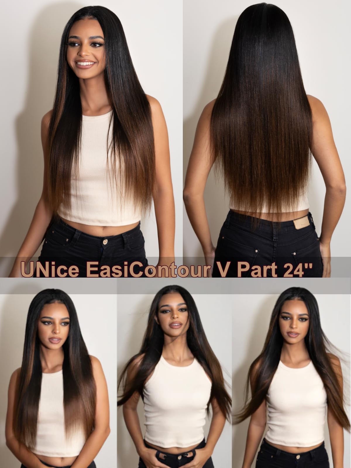 UNICE EasiContour V Part Wigs Human Hair Yaki Straight Glueless Wigs - No Sew in No Glue Ombre Chestnut Brown Clip-in V Part Wig (24 inch) | Beginner Friendly Upgrade U Part Human Hair Wig for Daily Wear, Parties & Special Occasions
