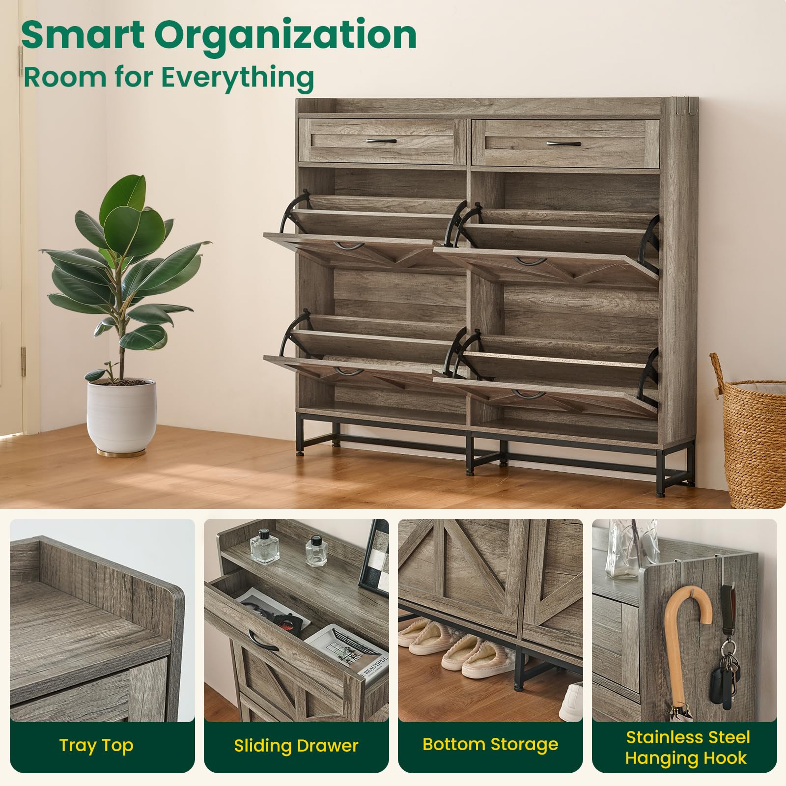 Farmhouse Shoe Cabinet with 4 Flip Drawers & 2 Storage Compartments - Free Standing Entryway Shoe Organizer with Metal Legs in Light Rustic Oak Finish | Perfect for Small Spaces, Mudrooms, and Closet Organization