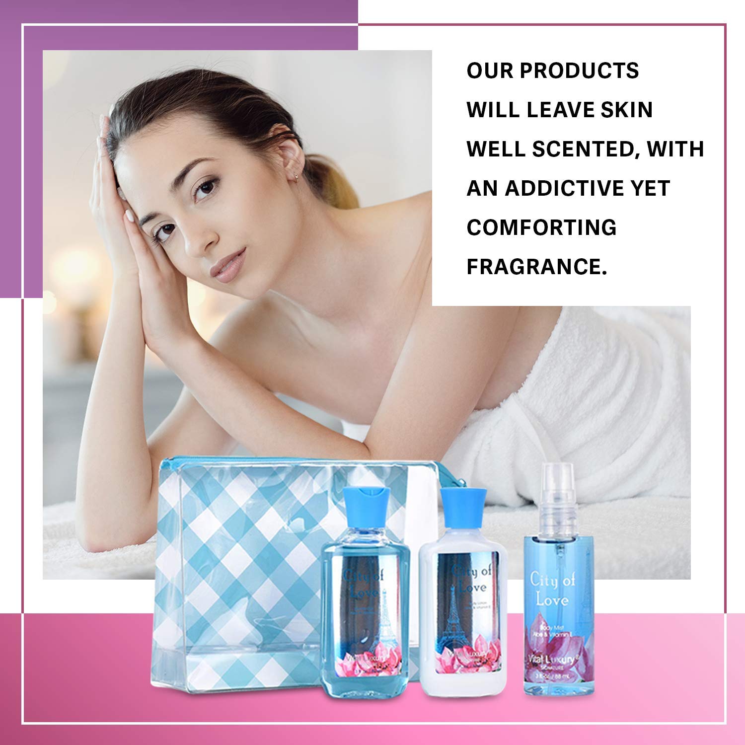Bath & Body Care Travel Set - Home Spa Kit with Body Lotion, Shower Gel & Fragrance Mist | Personal Body Care Essentials for Travel (City of Love Scent) - Perfect for Vacations, Gifts & Self-Care Moments