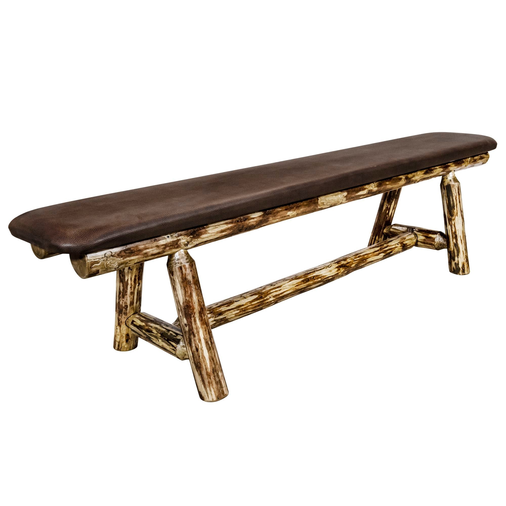 6 Foot Glacier Country Plank Style Bench with Saddle Upholstery - Rustic Wooden Bench for Entryway, Porch, Garden & Outdoor Decor