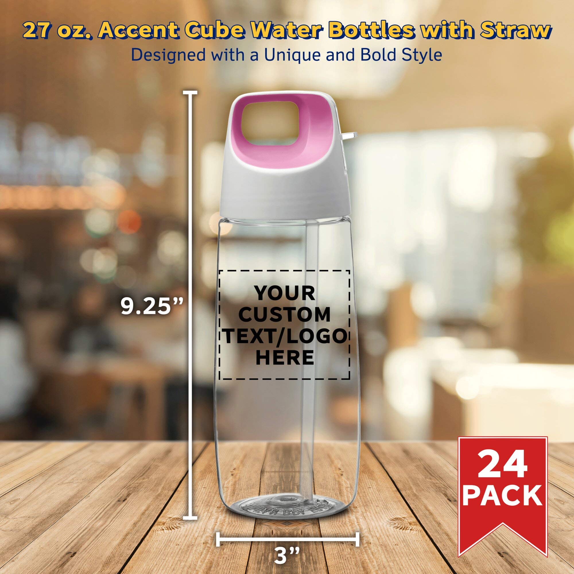 24 Pack 27 oz Plastic Water Bottles with Straw - Customizable Text & Logo - BPA Free Tritan Material - Accent Cube Design in Pink - Perfect for Schools, Gyms, Offices and Outdoor Activities