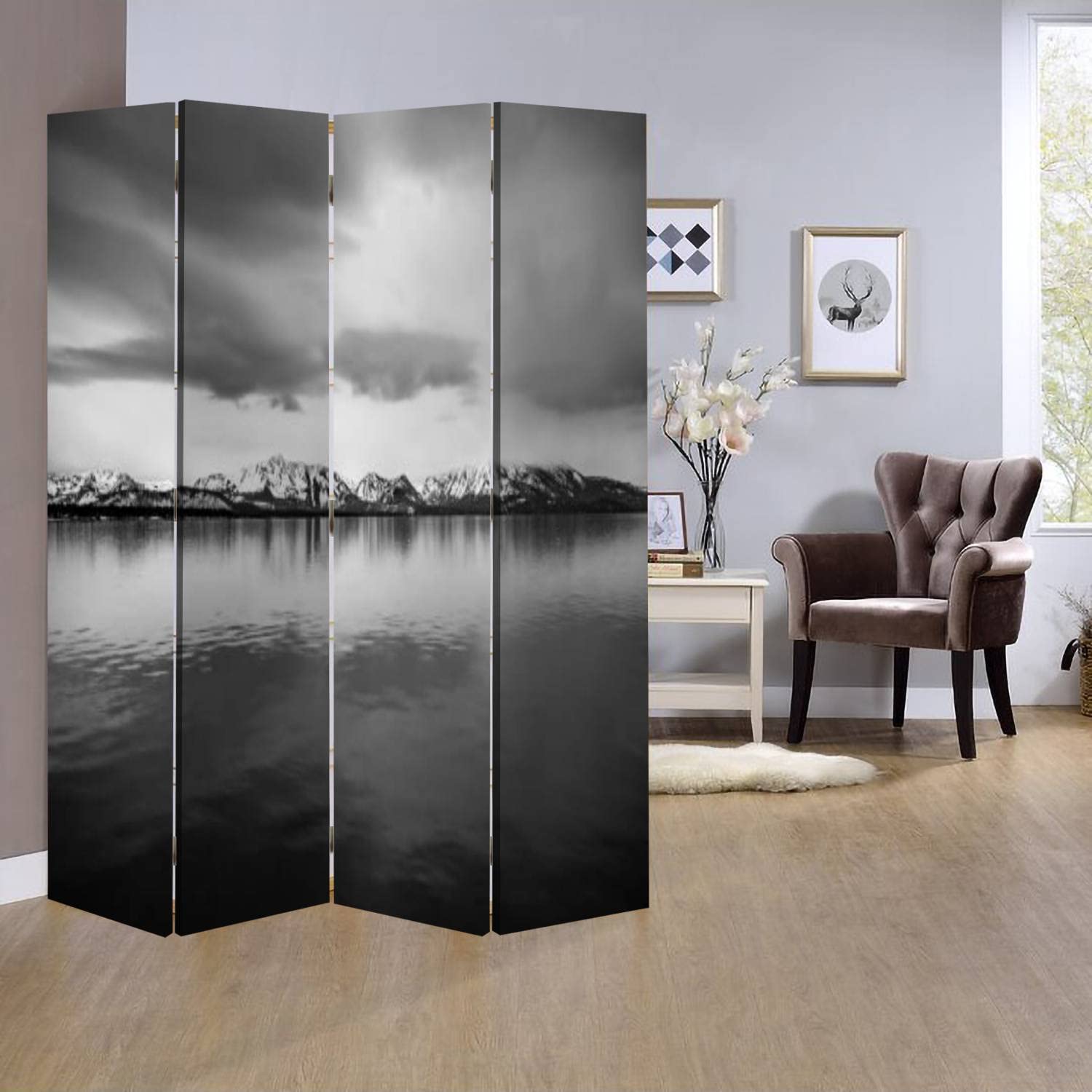 Wooden Room Divider with Mountain Reflection Print - Black & White Folding Privacy Screen, Dual-Sided Canvas Partition Panels for Home Office, Bedroom or Studio (4 Panels) - Perfect for Space Division, Decoration and Indoor Display