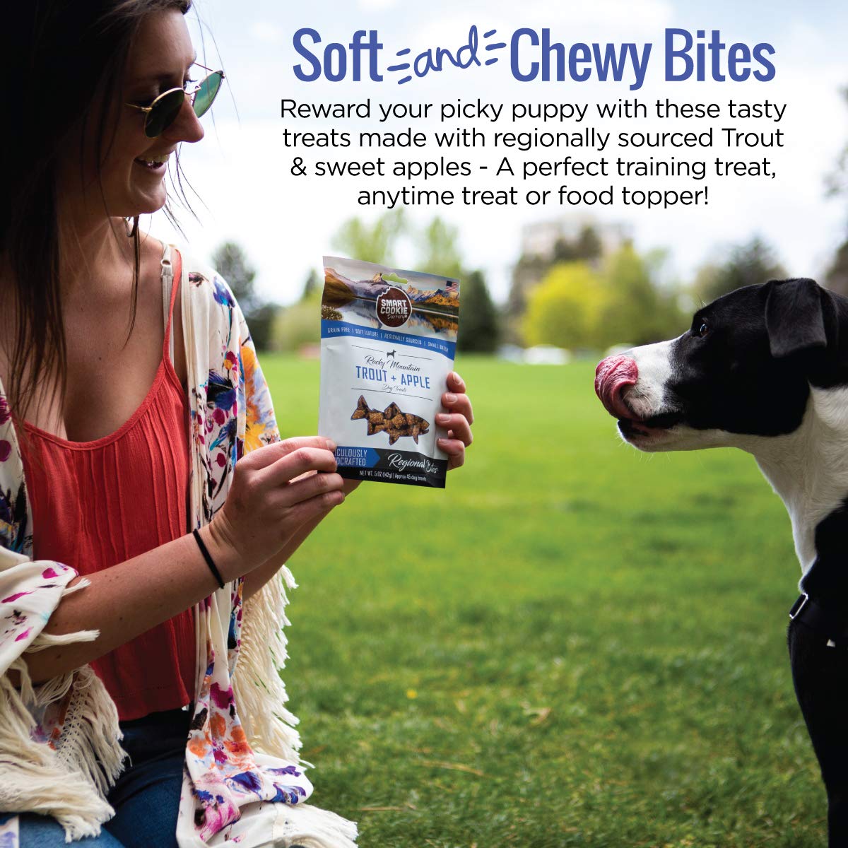 Smart Cookie All Natural Soft Dog Treats - Trout & Apple Flavor - Healthy Grain-Free Chewy Dog Snacks for Allergies & Sensitive Stomachs - Human-Grade USA Made - 5oz Bag - Perfect for Training Rewards & Digestive Health