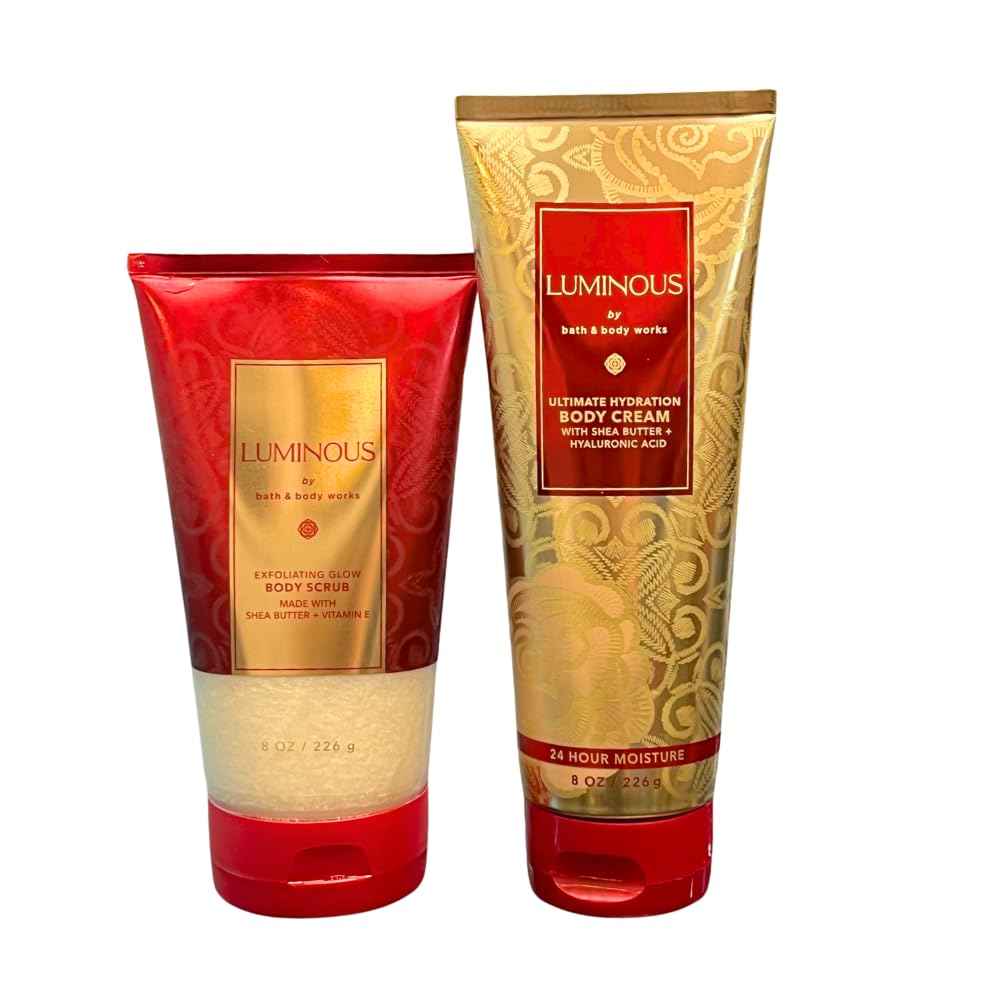 Bath & Body Works LUMINOUS Exfoliating Body Scrub & Ultra Hydrating Body Cream 2-Piece Gift Set with Blue Bow - Perfect Holiday Gift for Women, Spa Day Essential, Self-Care Luxury