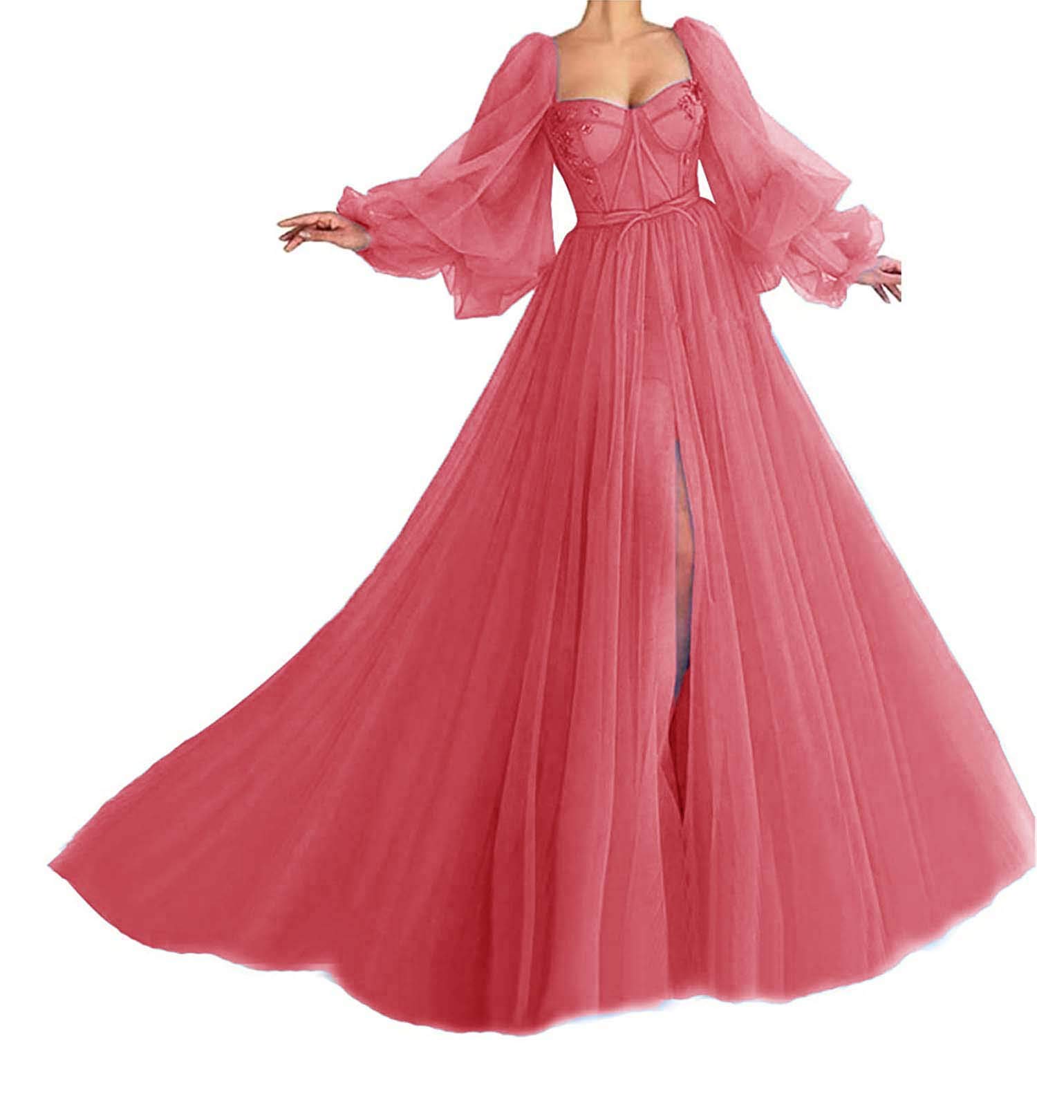 Vintage Tulle Puffy Sleeve Prom Dress with Sweetheart Neckline & High Slit - Elegant Long Evening Gown for Homecoming, Wedding Guest & Formal Parties