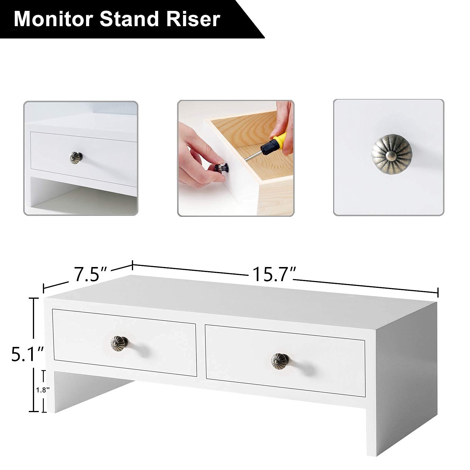 WELLAND Monitor Stand Riser with Storage Drawers - Adjustable Computer Monitor Stand & Desktop Organizer for Laptop, PC, Office - Perfect for Home Office & Workspace Organization (White)