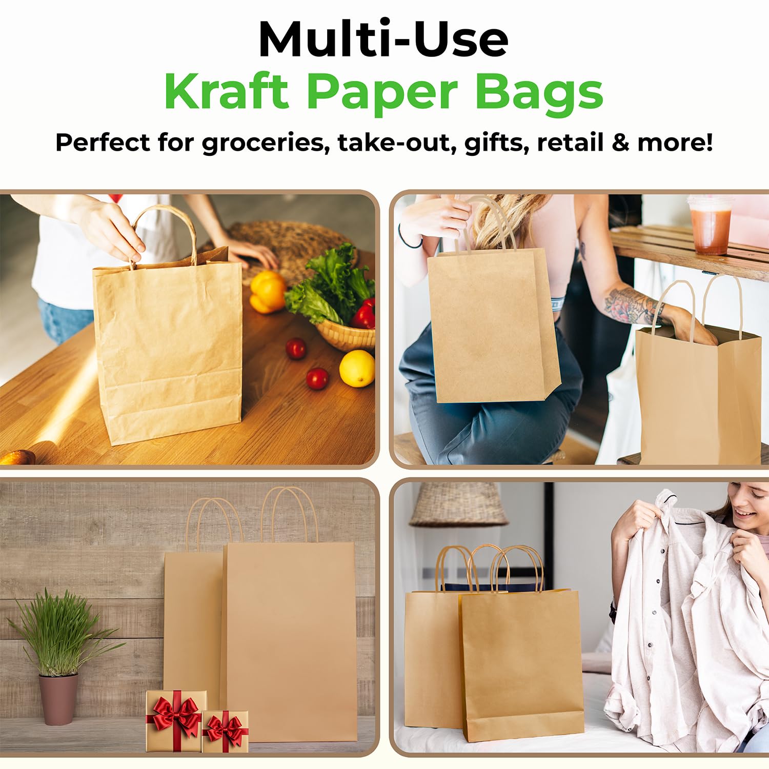 Rosmonde 400 Pack Brown Kraft Bags with Handles - Biodegradable & Heavy Duty for Retail & Gifts