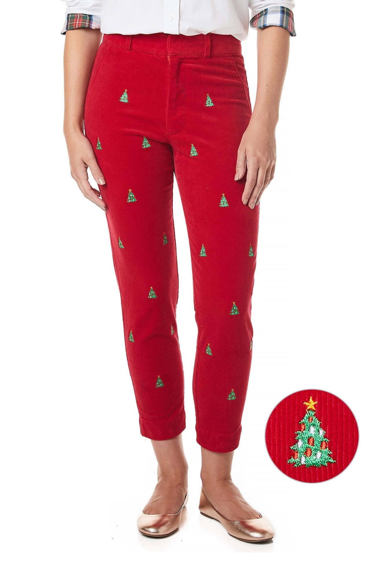 Women's Stretch Corduroy Capri Pants in Crimson Red - Comfortable Ankle-Length Beachwear for Christmas Vacation & Holiday Parties
