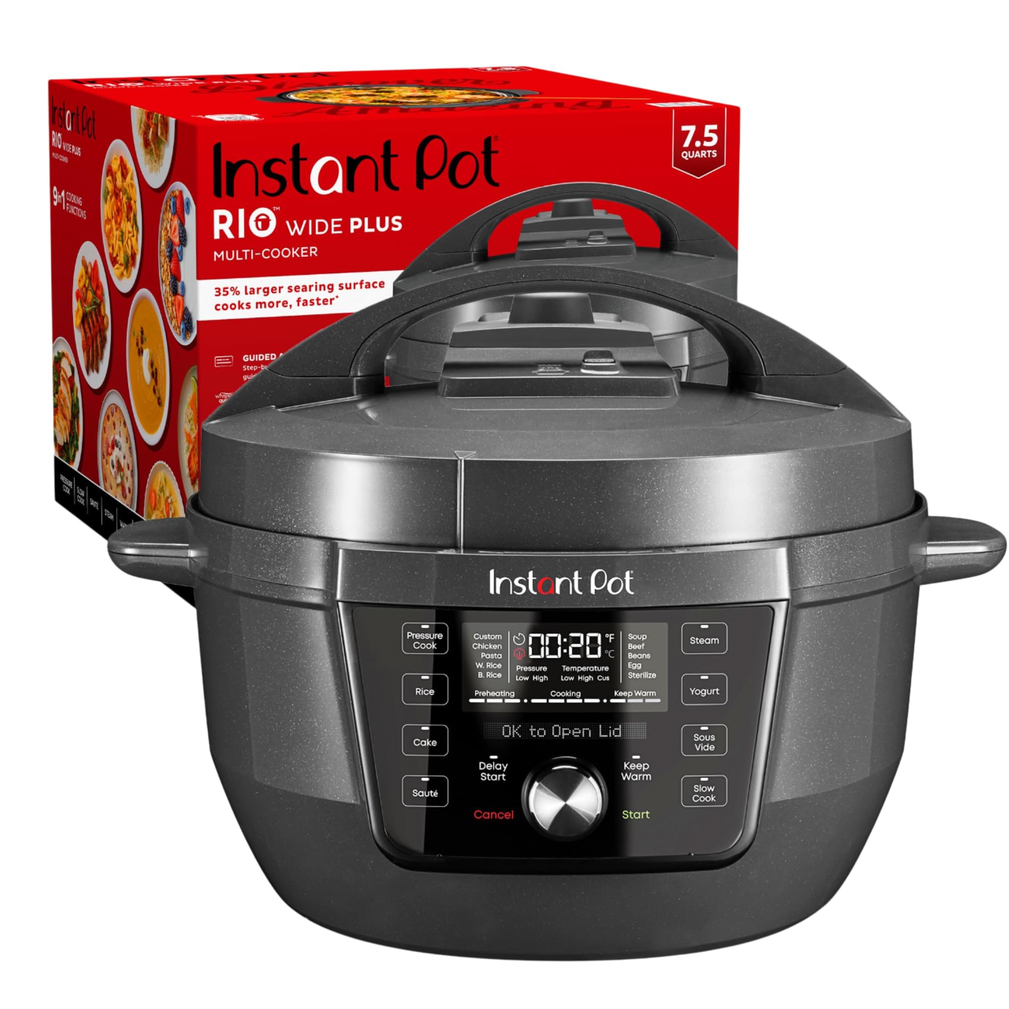 Instant Pot RIO Wide Plus 7.5 Quart 9-in-1 Electric Multi-Cooker - 35% Larger Cooking Surface, WhisperQuiet Steam Release, Pressure Slow Cooker, Rice Cooker, Steamer, Sauté Pan, Cake Maker & Food Warmer - Perfect for Family Dinners, Meal Prep & Large Gatherings