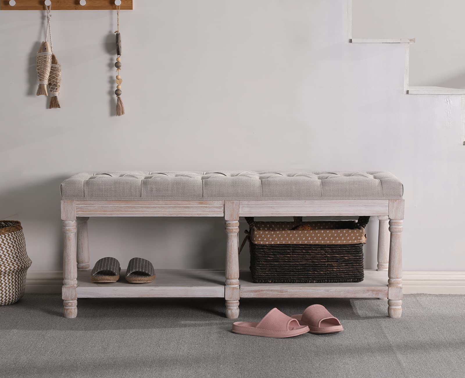 Kmax Storage Entryway Bench - Tufted Shoe Rack with Wooden Seat, Multi-Functional Hallway Bench for Bedroom Corner & Window (Beige) - Perfect for Small Space Organization & Home Decor