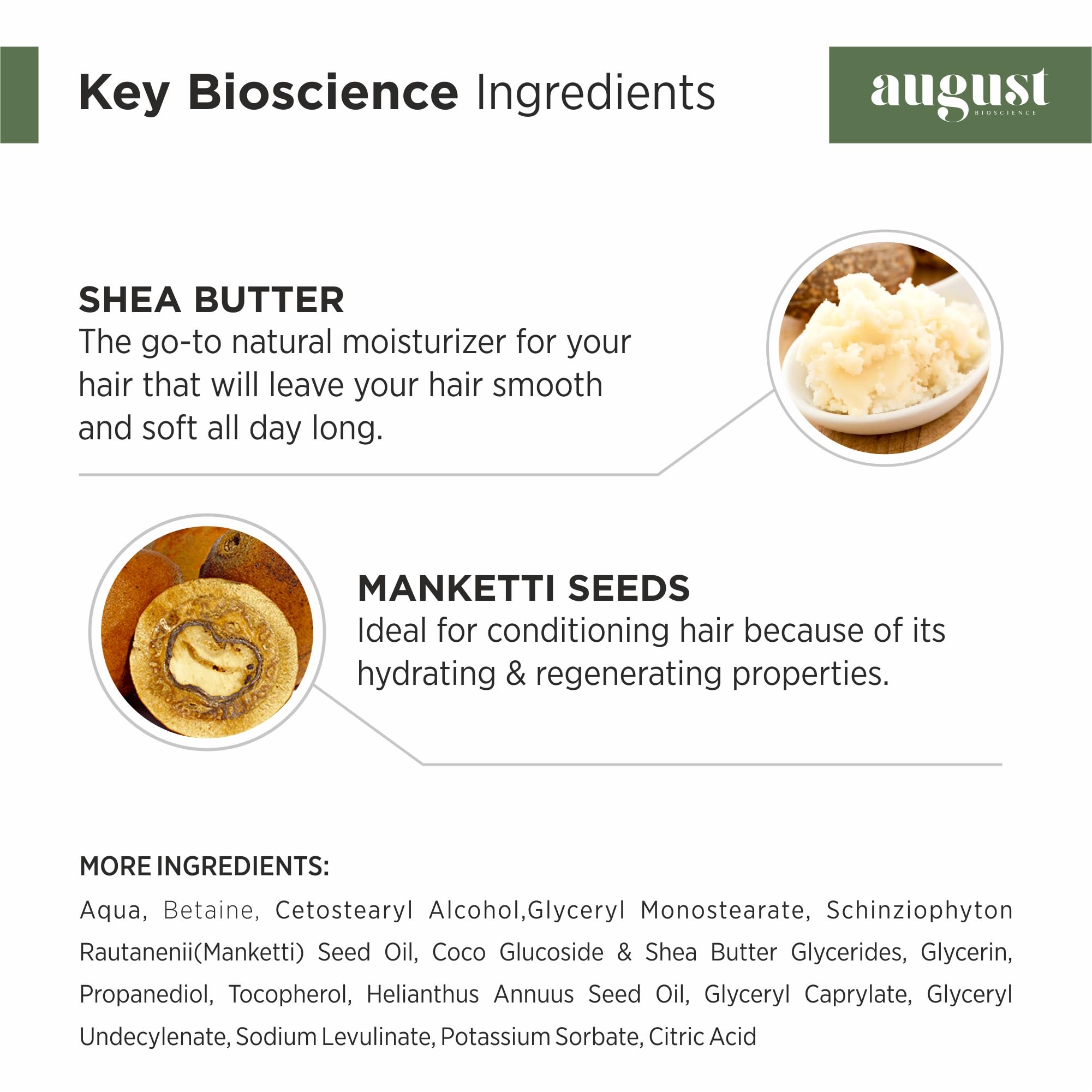 August Bioscience Hair Conditioner with Manketti Seed Oil & Shea Butter - Nourishing & Strengthening Treatment for Soft, Smooth Hair - Paraben & Silicone Free (250ml) - Perfect for Daily Hair Care & Damaged Hair Repair