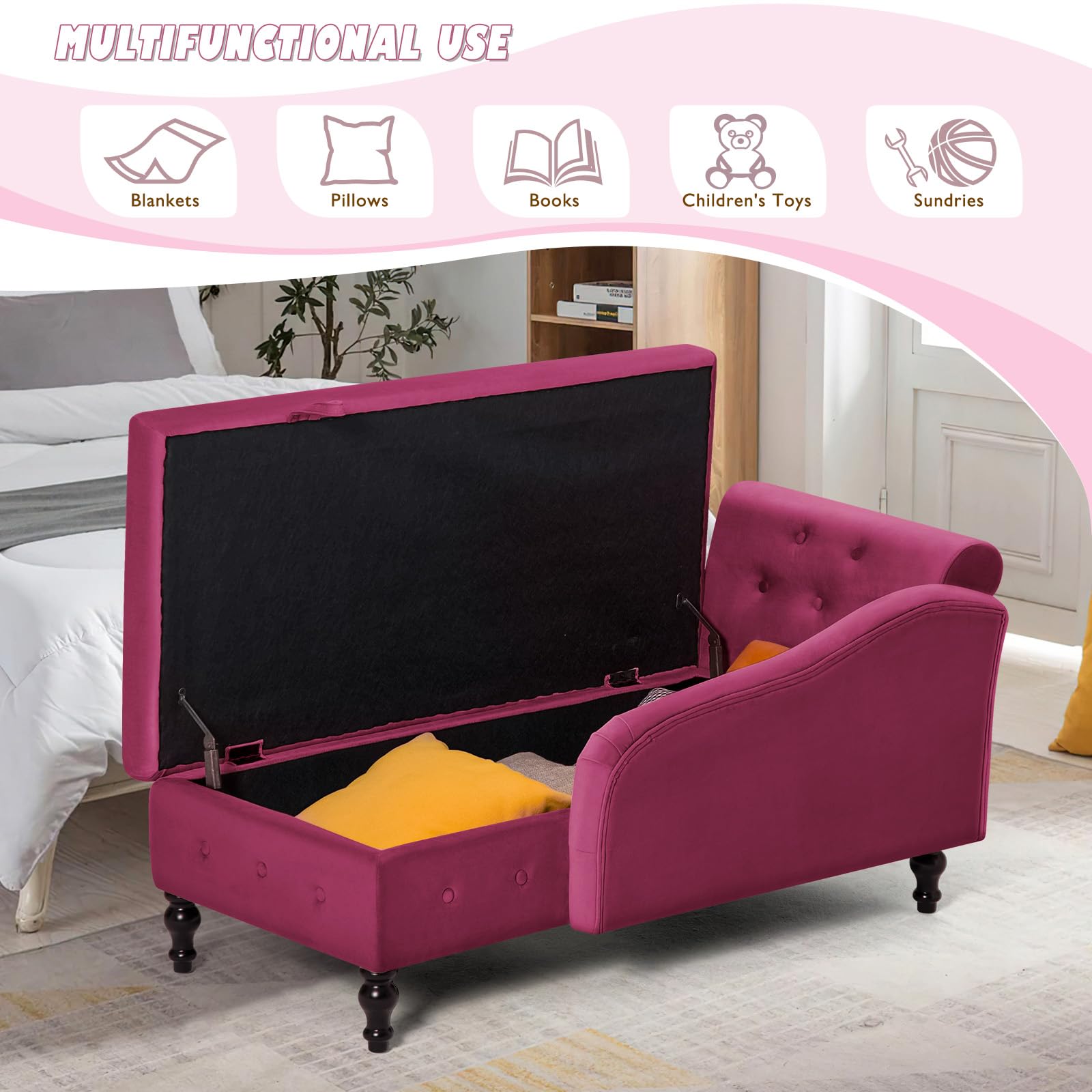 Velvet Upholstered Chaise Lounge with Left Armrest & Lumbar Pillow, Button Tufted Storage Sofa - Modern Lounge Chair for Bedroom, Living Room & Office - Perfect for Relaxing, Reading & Napping (Fuchsia)