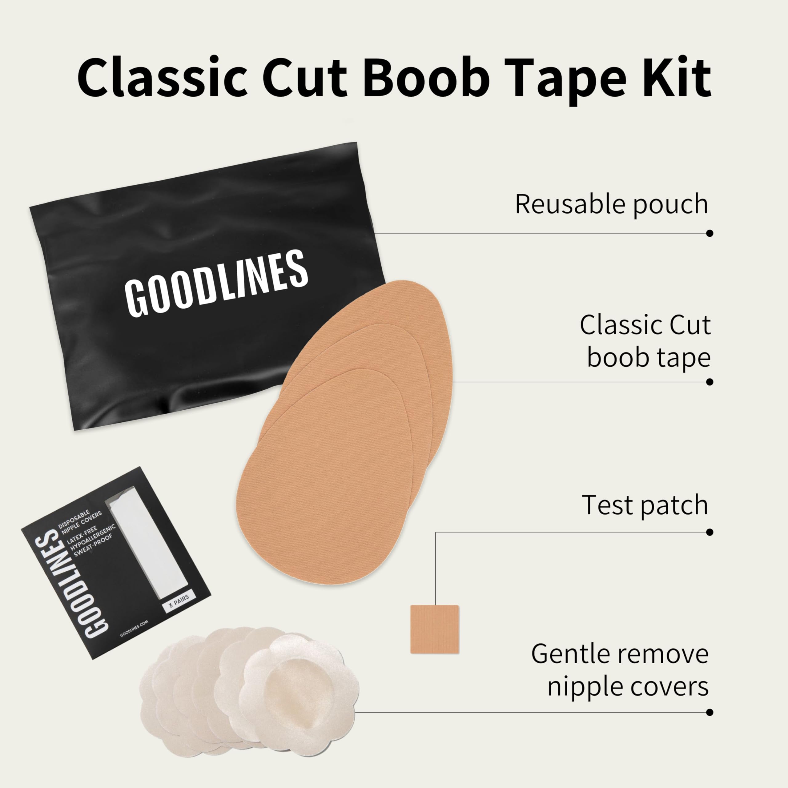 Good Lines Classic Cut Boob Tape & Nipple Cover Kit - Nude Breast Lift Tape for Support & Shaping | Perfect for Backless Dresses, Strapless Outfits & Special Occasions