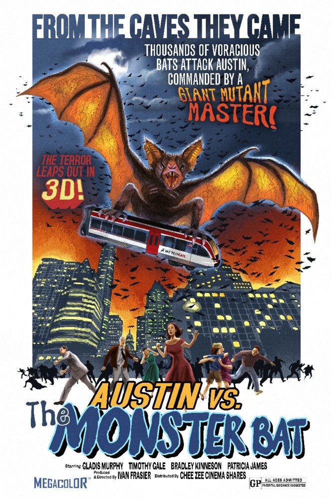 Austin vs The Monster Bat B Movie Poster - 24x36 Gallery Quality Metal Art Print - Texas Themed Aluminum Wall Decor for Home Theater & Man Cave