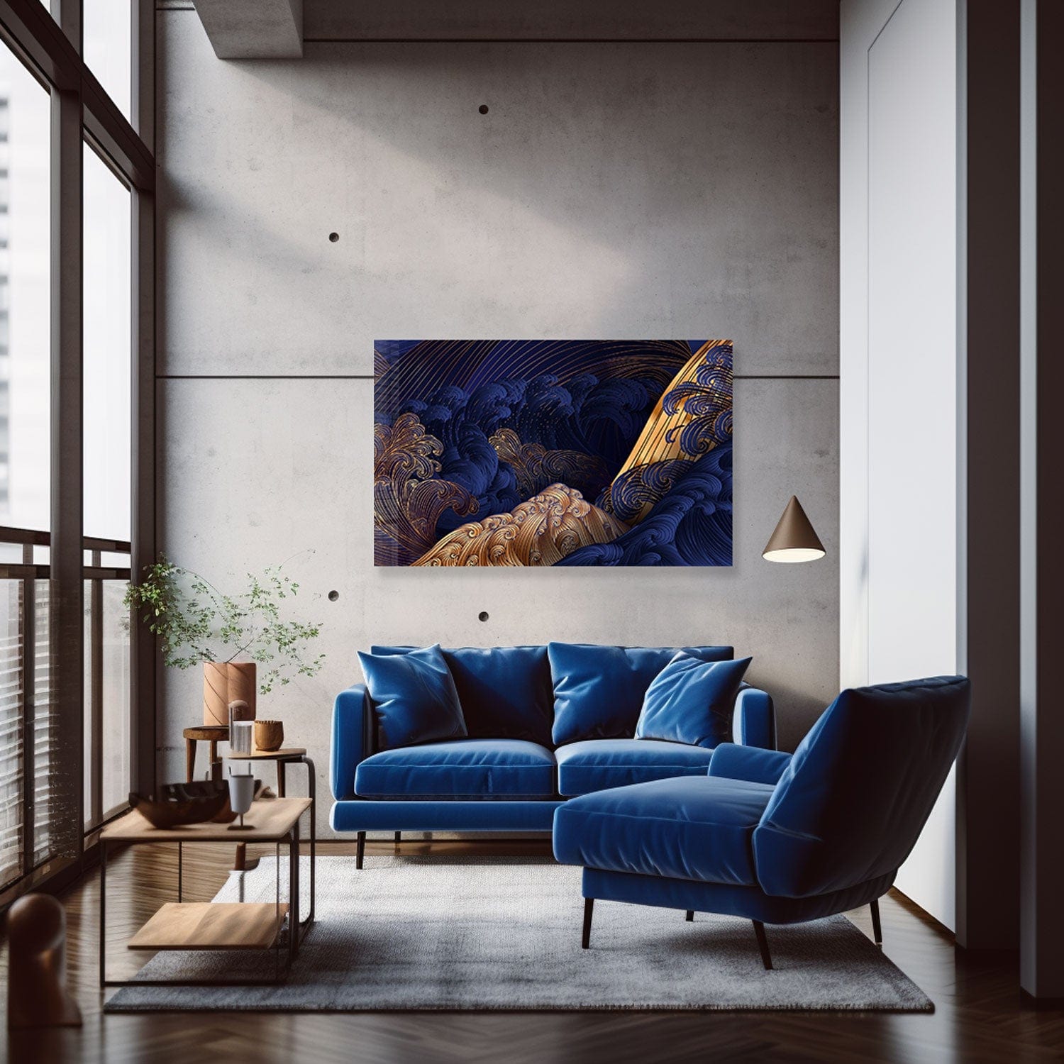 Golden Blue Waves Tempered Glass Wall Art - Modern Ocean Themed Decor for Living Room, Bedroom & Office - Shatterproof & Stylish Home Accent