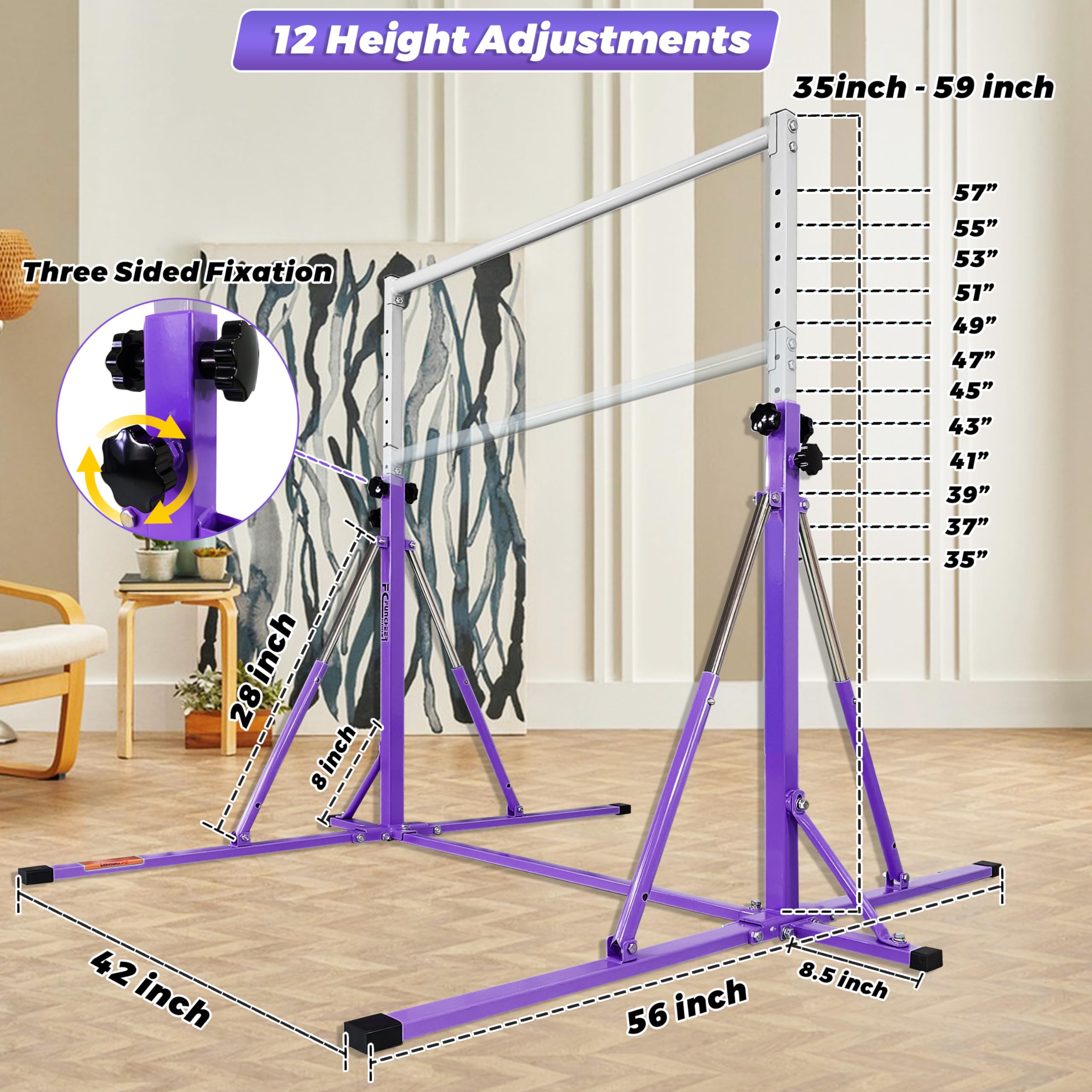 Foldable Gymnastics Bar for Kids Ages 3-15 | 5FT Adjustable Horizontal Training Bar with Triangle Stable Structure | Home Gym Equipment for Indoor Gymnastics Practice, Strength Training & Playtime