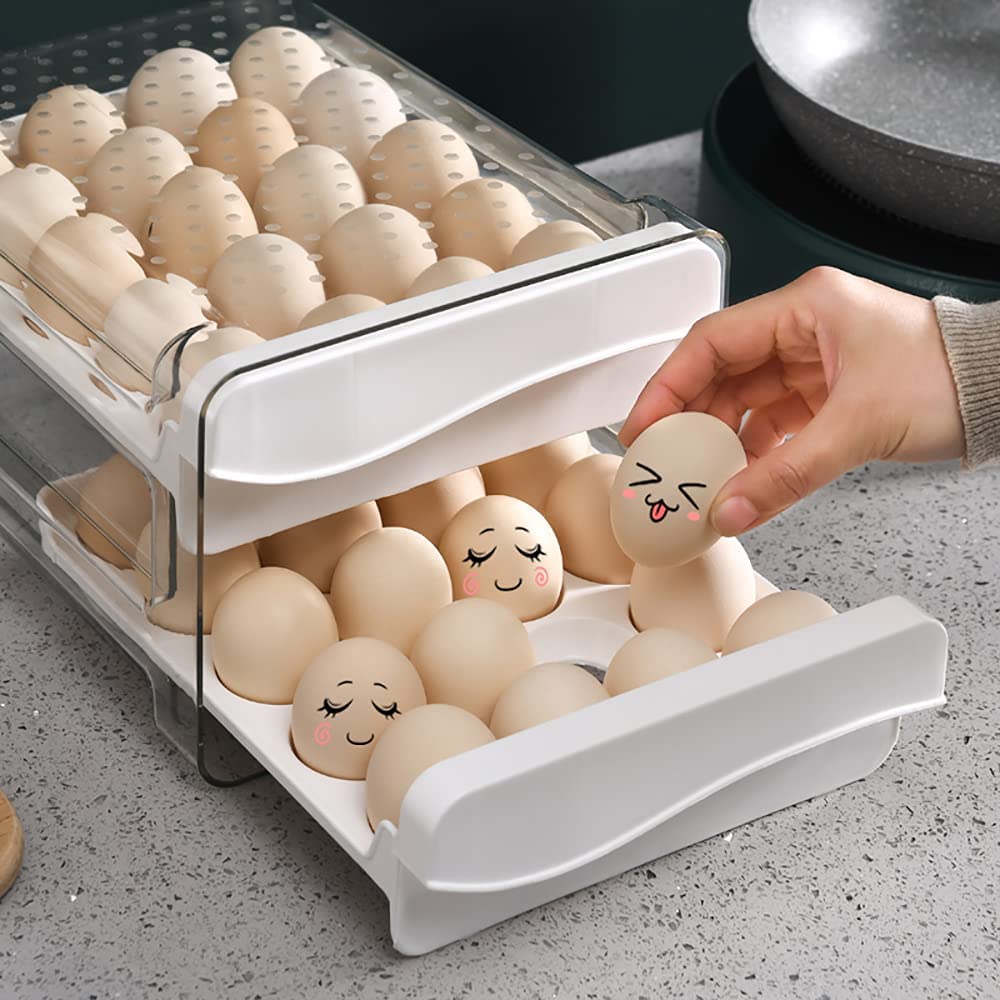 Clear Plastic Refrigerator Egg Storage Container with 2 Drawers & 40 Grids - Egg Holder Organizer for Kitchen Fridge | Perfect for Farm Fresh Eggs, Meal Prep & Space Saving