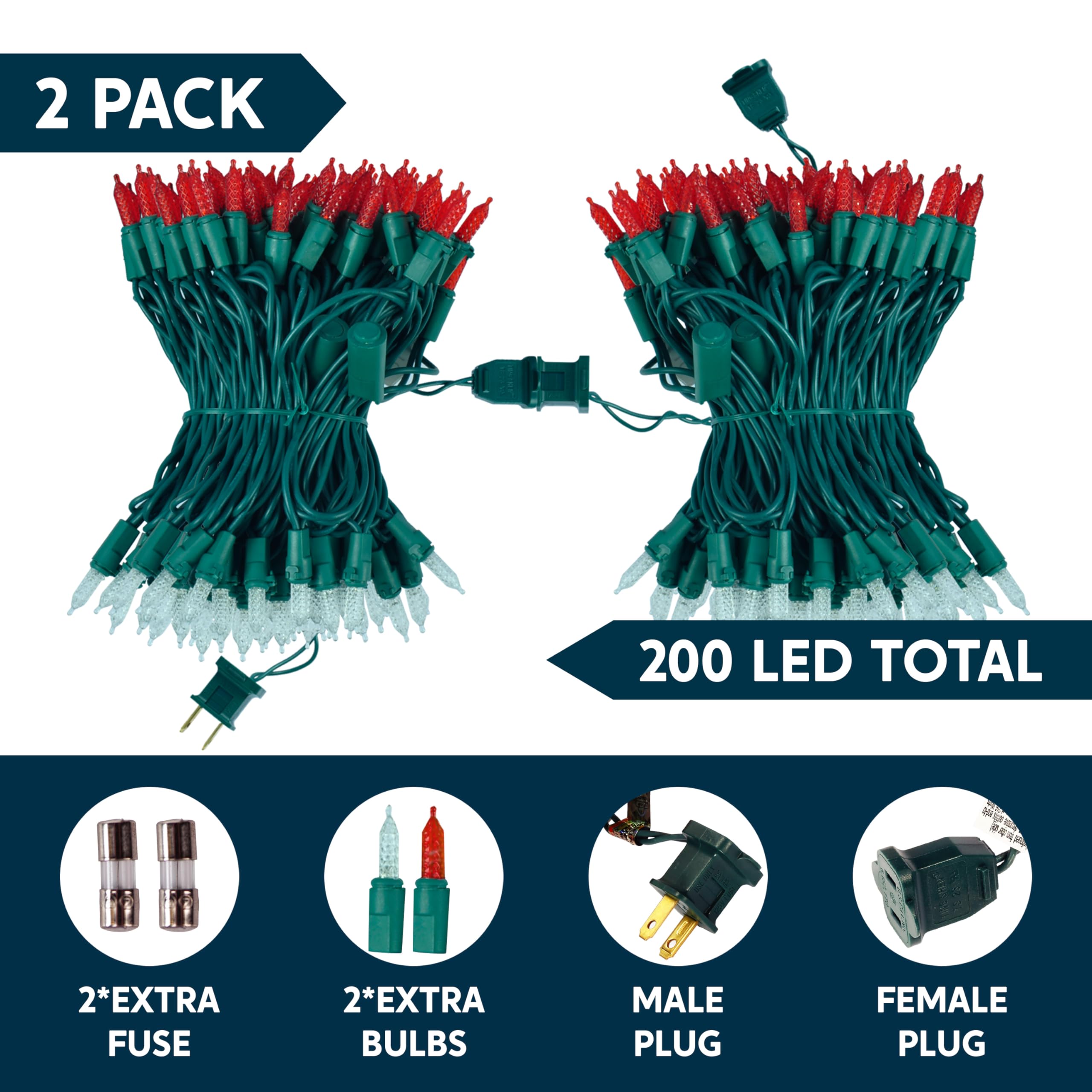 Joiedomi 200 LED Christmas Lights (2x100) - 52FT Connectable Indoor/Outdoor String Lights with Green Wire for Xmas Tree Decorations - Red & White Fairy Lights for Holiday, Party, Wedding & Home Decoration