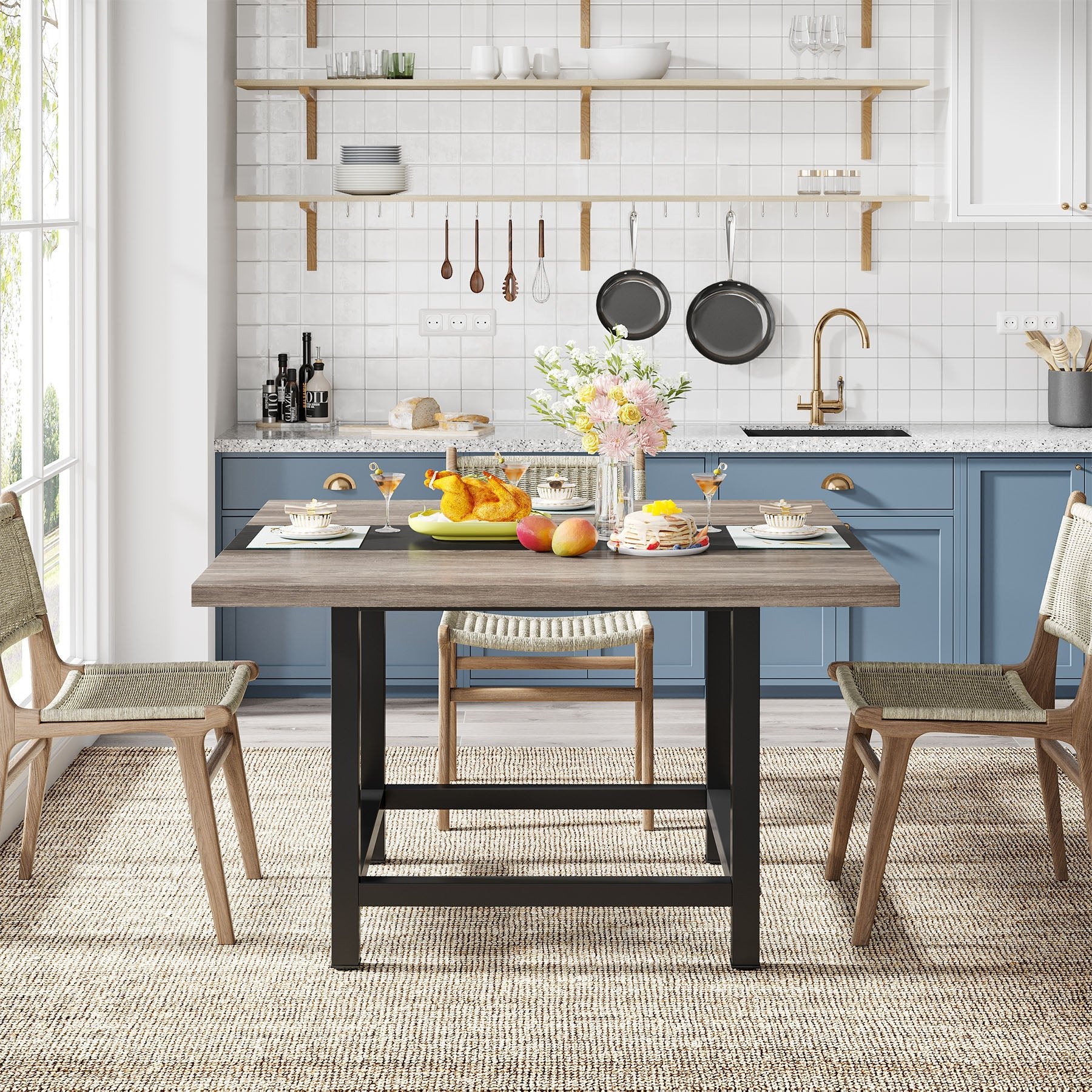 39x39x29 Inch Square Farmhouse Dining Table for 4 - Rustic Kitchen Table with Sturdy Wooden Legs - Perfect for Small Spaces, Breakfast Nooks & Cozy Family Meals