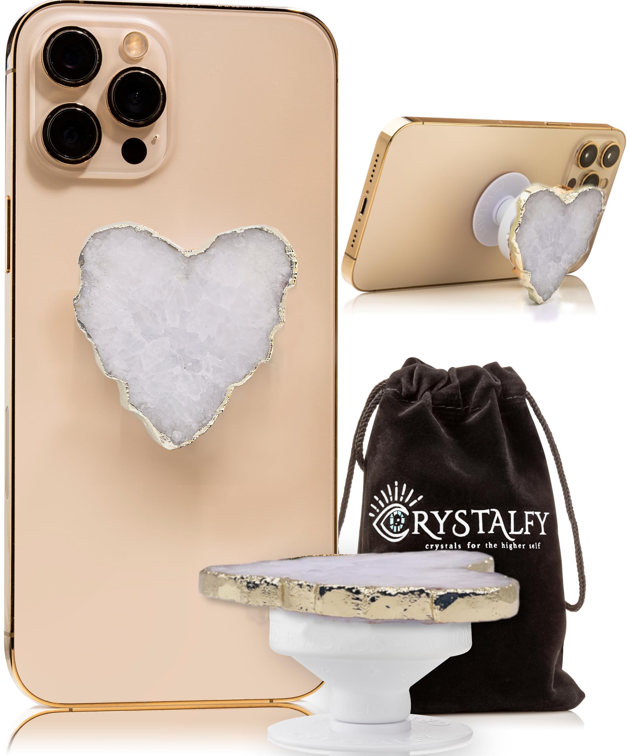 CRYSTALFY Heart Shaped Clear Quartz Crystal Phone Grip & Stand - Expandable Collabpsible Holder for iPhone, Samsung & Tablets - Natural Druzy Swappable Top - Perfect for Work, Travel & Hands-Free Viewing (Clear Standard Size)