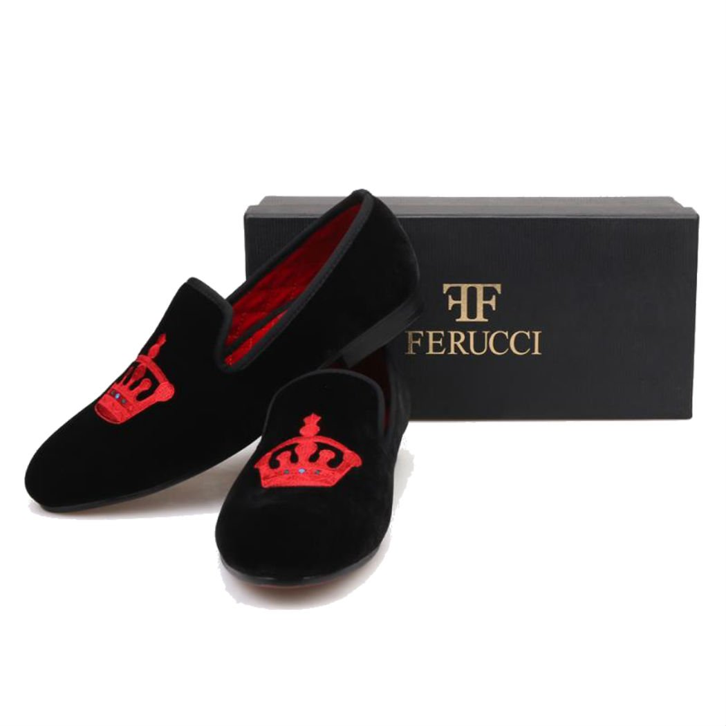 FERUCCI Handmade Men's Black Velvet Slippers - Premium Loafers with Red Crown Design | Comfortable House Shoes for Indoor & Outdoor Wear | Perfect Gift for Fathers Day, Christmas & Special Occasions