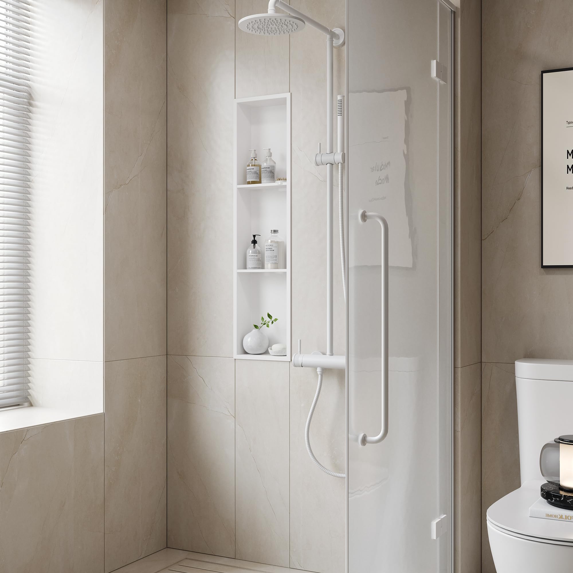 Neodrain 8X36 Inch White 3-Tier Stainless Steel Shower Niche - No Tile Required Recessed Bathroom Storage Shelf | Built-in Wall Organizer for Shampoo, Soap & Bath Essentials | Perfect for Modern Bathrooms & Spa Showers