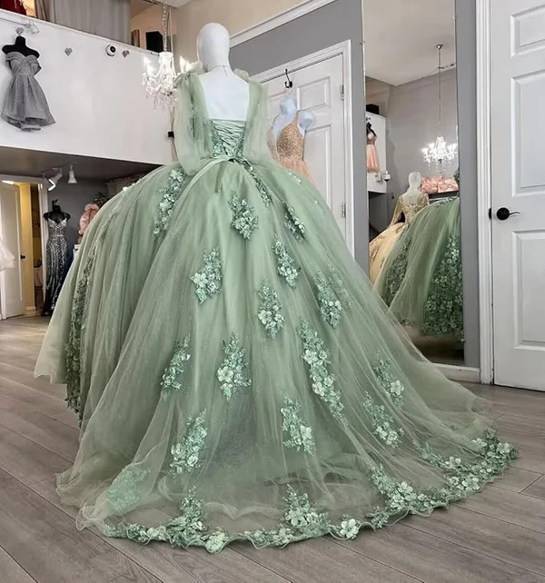 Elegant Sage Green Lace Off-the-Shoulder Ball Gown Dress for Sweet 16 & Quinceañera | Perfect for Prom, Homecoming, and Formal Events - Style J4581
