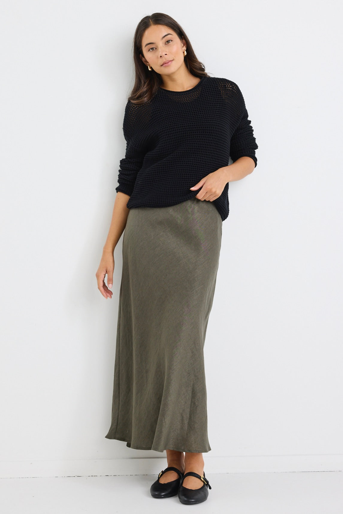 Bliss Khaki Linen Midi Skirt for Women - A-Line Bias Cut Summer Skirt with Pockets | Perfect for Beach Vacations, Brunch Dates & Casual Outings
