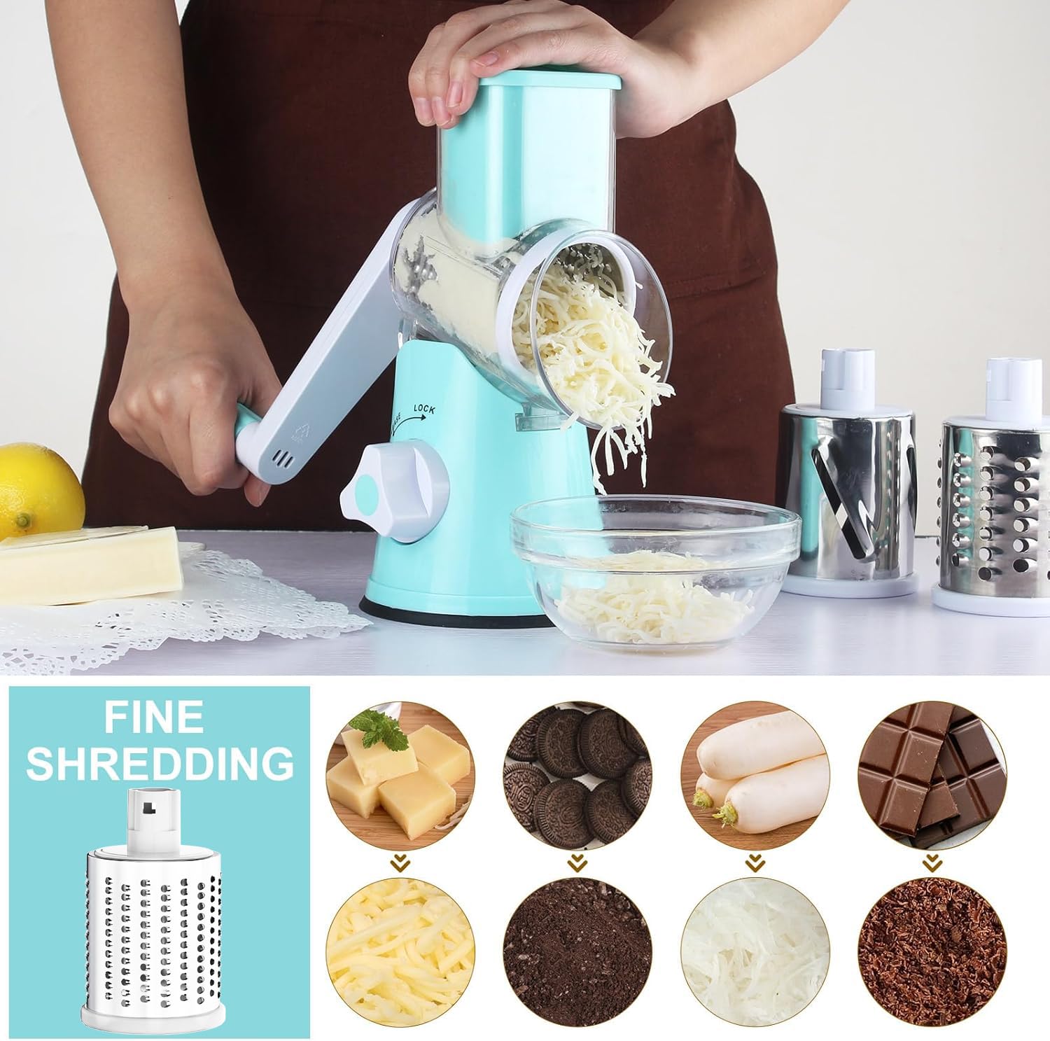 Cambom Rotary Cheese Grater - Hand Crank Cheese Shredder for Fresh Cheese, Vegetables, Nuts - Non-Slip Suction Base with Free Cleaning Brush & 3 Blades (Blue) - Perfect for Pizza, Pasta, Salads & Cooking Prep