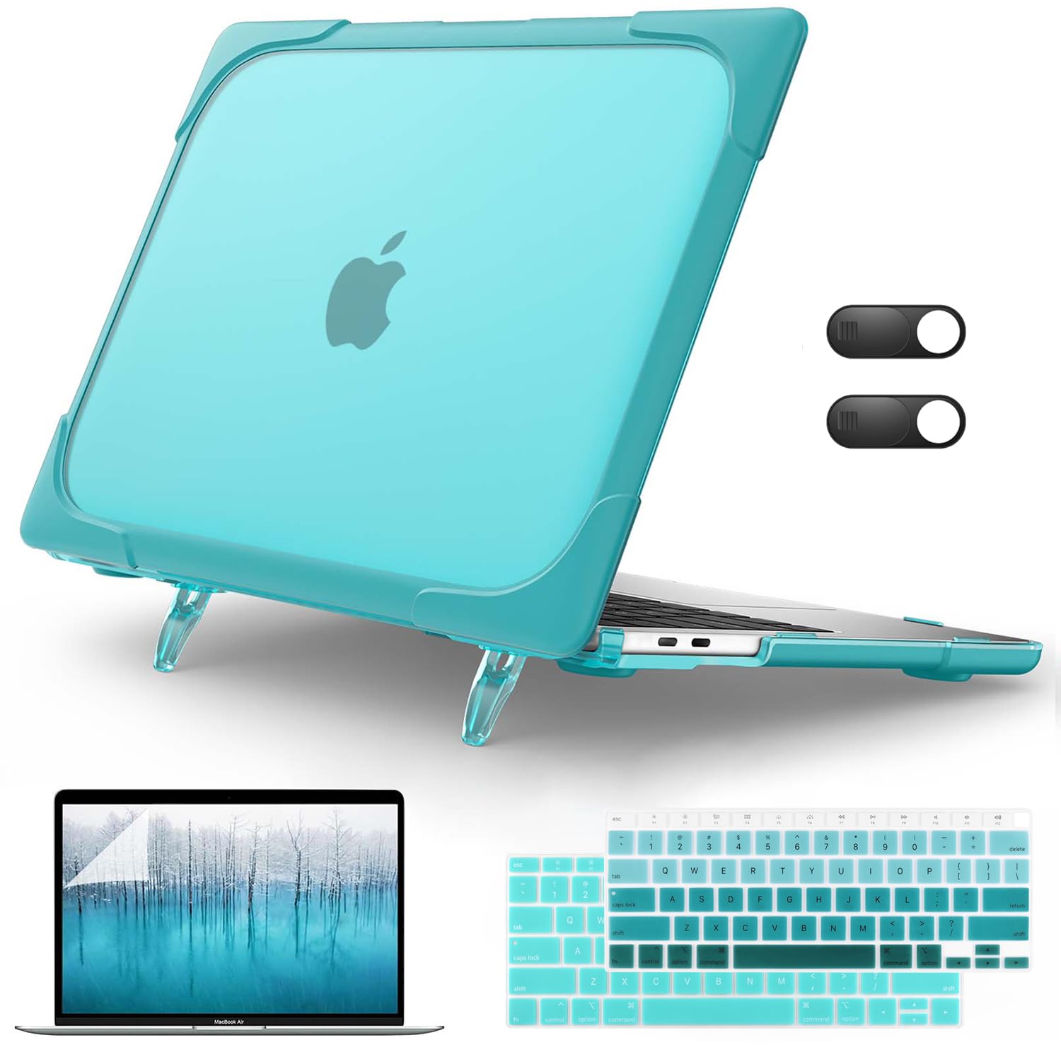 Shockproof MacBook Air 13 Inch Case (2021-2018 Models A2337 M1 A2179 A1932) - Heavy Duty Hard Shell with Kickstand & Keyboard Cover, Touch ID Compatible - Turquoise - Perfect for Travel, Office & School Use