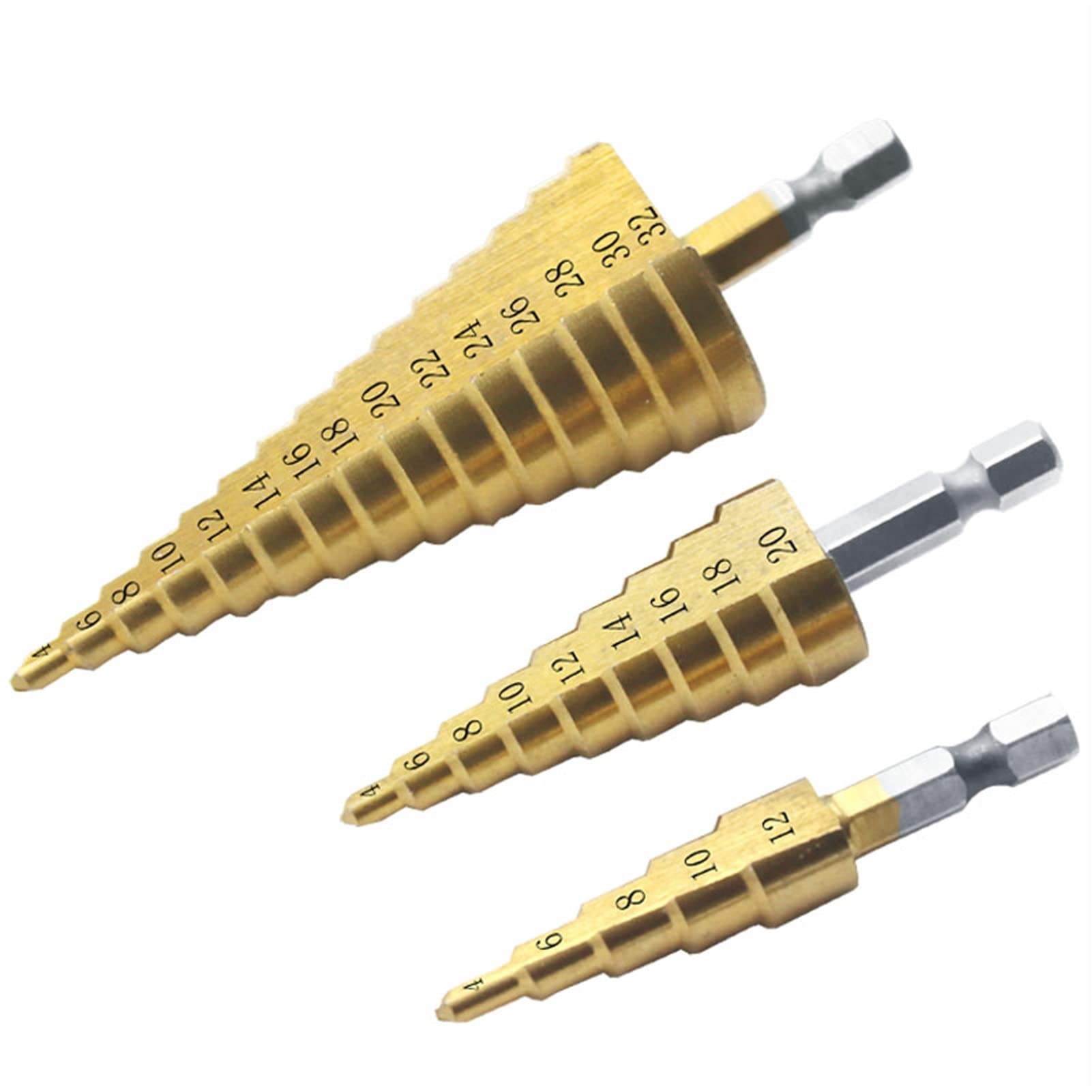 3Pcs HSS Titanium Step Drill Bit Set (4-12mm/4-20mm/4-32mm) - High Speed Steel Power Tool Accessories for Metal, Wood & Plastic - Perfect for DIY Projects, Home Repairs & Professional Use