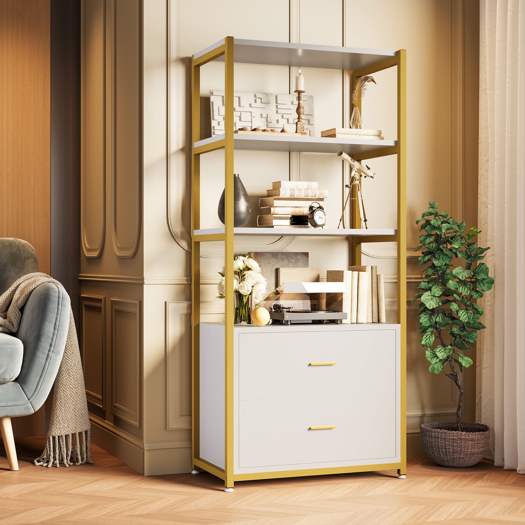 4 Tier Bookshelf with 2 Drawers - Modern Wooden Bookcase for Home Office, Living Room, Bedroom - Perfect for Organizing Books, Decor & Storage