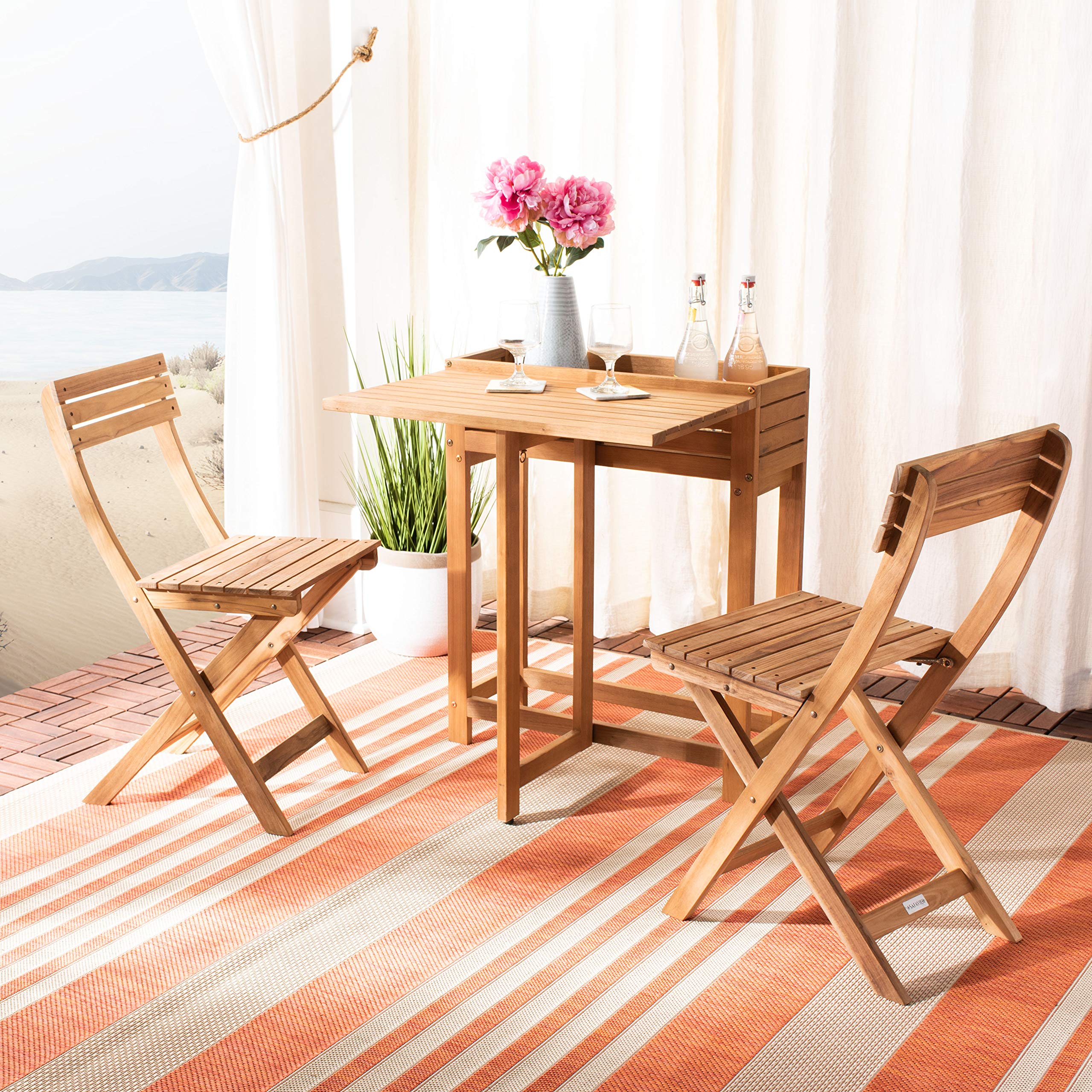 SAFAVIEH PAT7046A 3-Piece Outdoor Bistro Set - Natural Flower Shelf Design, Weather-Resistant Patio Furniture for Garden, Balcony & Backyard Dining