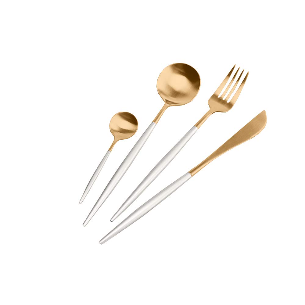 Premium 18/10 Stainless Steel Flatware Set - Matte White & Gold Two-Tone Cutlery (4-Piece) - Steak Knife, Fork, Spoon & Coffee Spoon - Elegant Dinnerware for Restaurants, Weddings & Fine Dining
